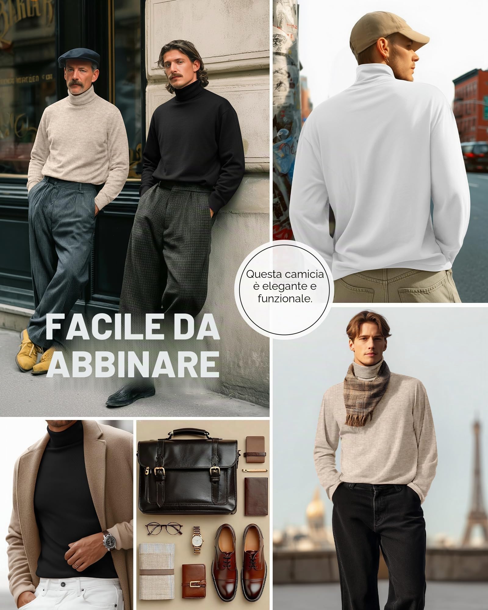 Ficerd Confezione da 3 Magliette a Collo Alto da Uomo Taglie Forti, Magliette a Maniche Lunghe in Cotone, Maglietta Ampia