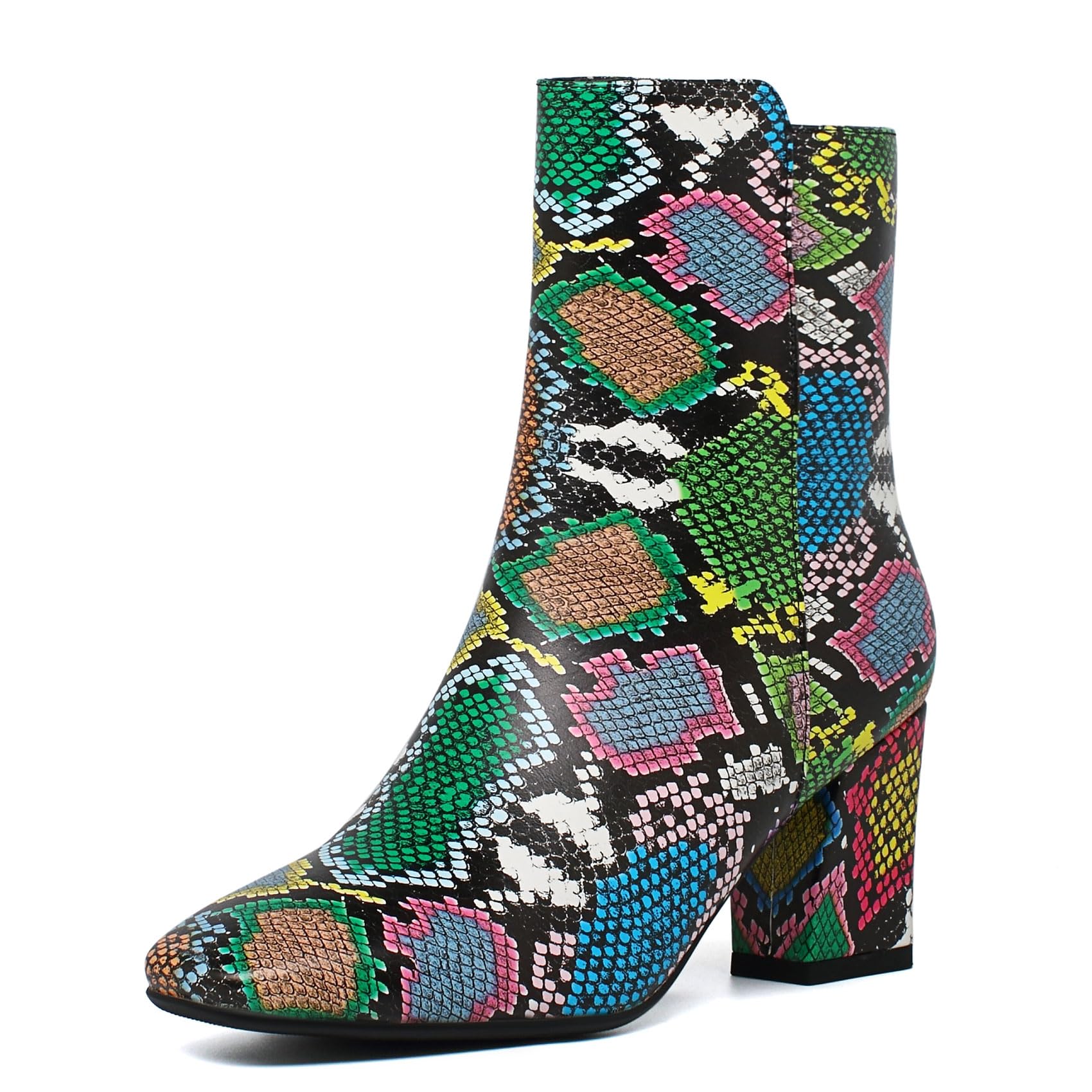SHEMEE Womens Square Toe Block Heels Booties Chunky High Heeled Side Zipper Ankle Boots Shoes