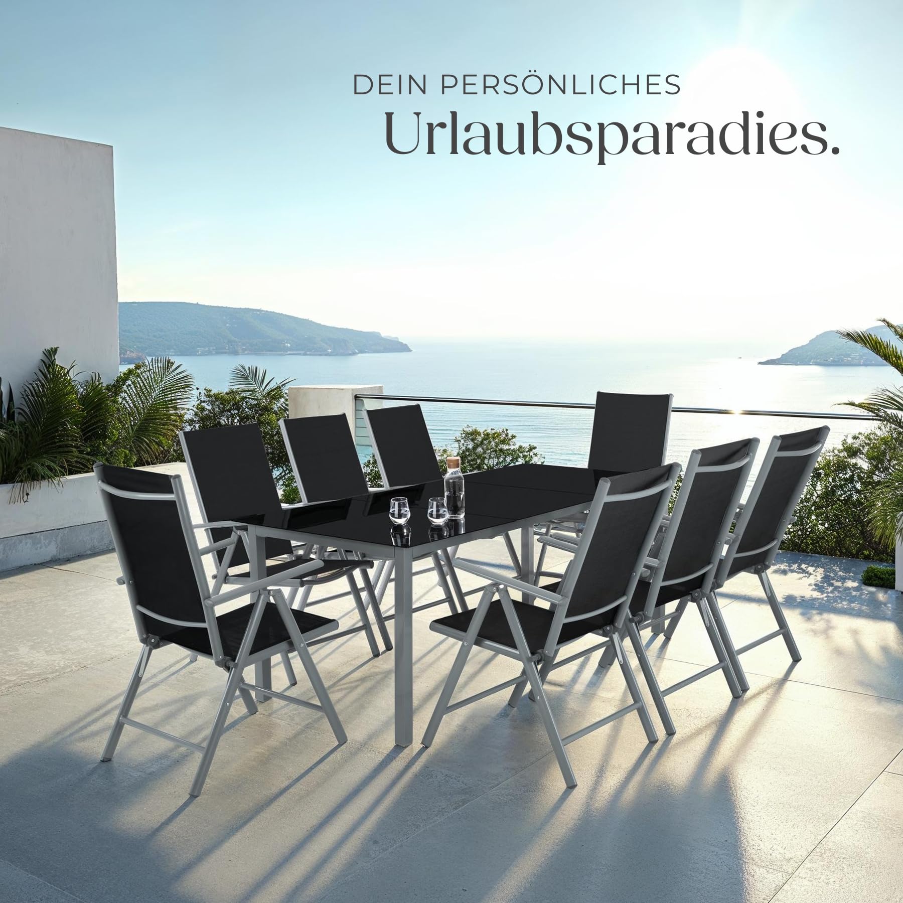 tectake® Aluminium Sitzgruppe 8+1, Gartenmöbel Set mit Stuhl und Tisch, klappbare Gartenstühle, Gartentisch mit Sicherheitsglas, wetterfeste Terrassenmöbel, für Garten Terrasse Balkon - anthrazit