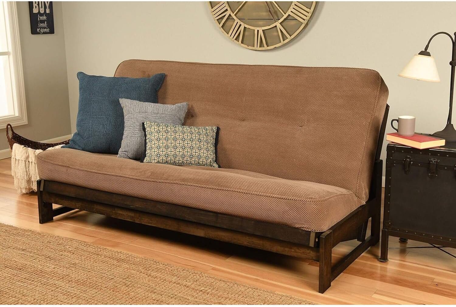 HomeStock Full Size Futon Frame Set - Convertible Sofa Bed - Hardwood Mocha Finish Marmont Mocha