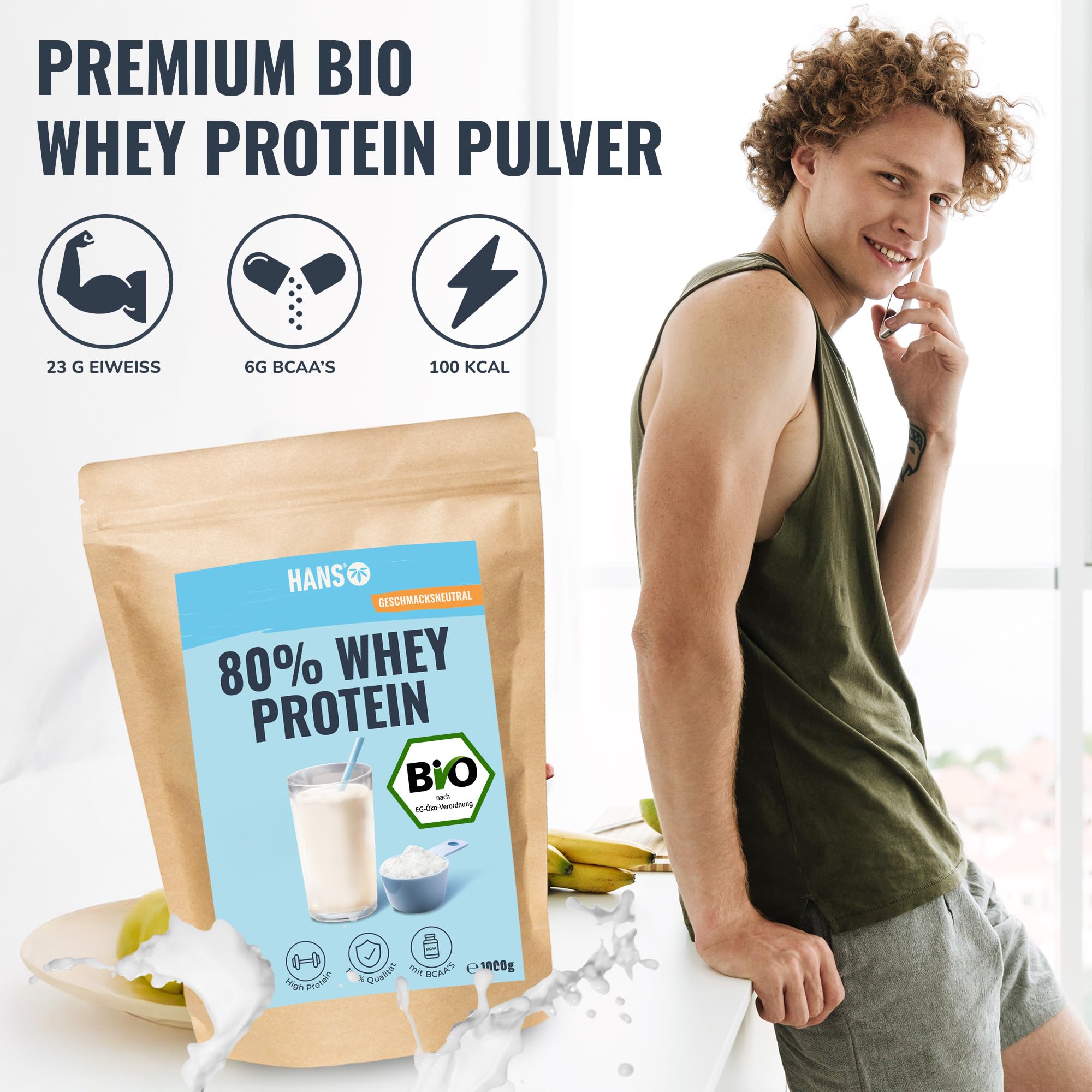 HANS Brainfood 80% Bio Whey Protein Pulver Neutral 1kg von Kühen aus Bayern ohne Zuckerzusatz - Eiweißpulver, Whey, Eiweiss Protein Pulver - 100% reines Bio Molke-Protein