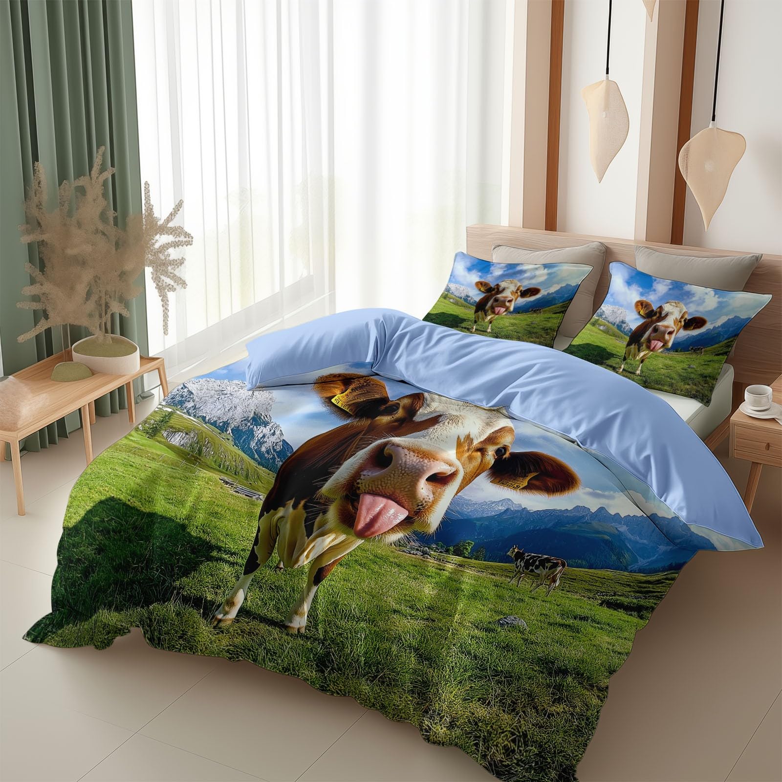 Srigzcaly Light blue Super King Reversible Duvet Cover, 3 Pieces Bedding Set with Quilt Cover & Pillowcases, Soft A cow on the grass Duvet Cover Sets for Adult Teenager Kids Boys (260 x 220 cm)