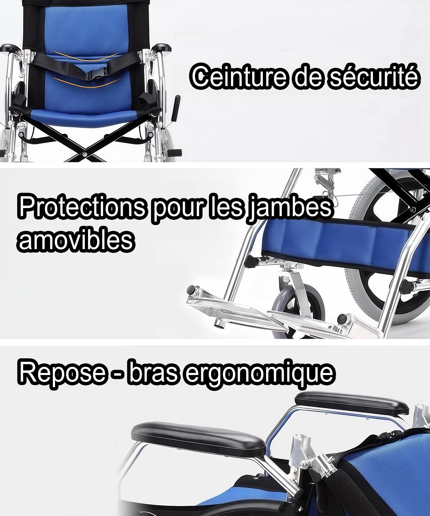 M3 Fauteuil roulant, pliable, léger, avec frein sur les poignées, pour personnes handicapées et personnes âgées, avec soutien au pied, accoudoirs, siège 45 cm