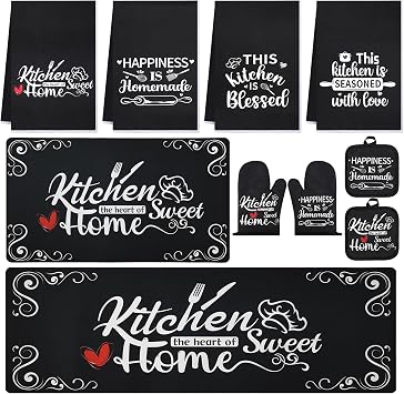 10 Pcs Black Kitchen Accessories Decor Set with 4 Kitchen Dish Towels 2 Vintage Pot Holders 2 Oven Mitts Glove 2 Farmhouse Non Slip Runner Rugs, Home