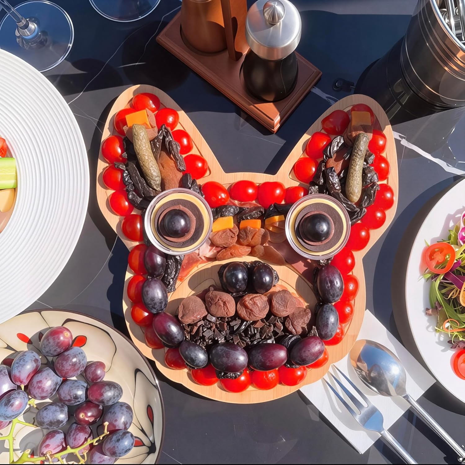 Frenchie The French Bulldog Cheese Board – 12" Cheese Board Set & Wall Mount Frenchie Decor, Novelty Dog Lover Gift Set with Mini Forks, Wall Hooks & Funny Card for Dog Mom Dad Birthday