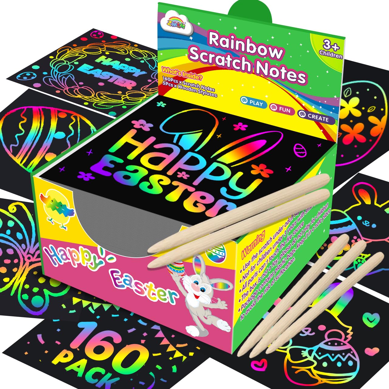 ZMLM Easter Scratch Paper Art Notes - 160PCS Easter Crafts Basket Stuffers for Kids Bulk Rainbow Mini Cards Art Supplies for Girls Boys Classroom Gifts Prizes for Elementary Students