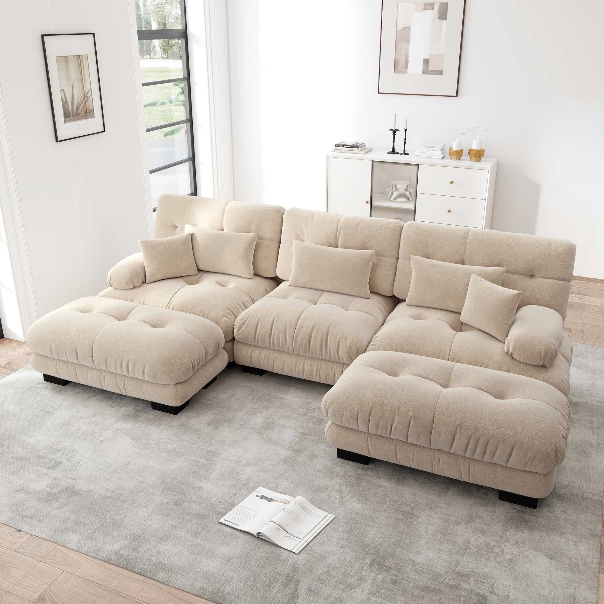 Yihomfy Canapé Modulable Moderne Cloud avec pouf,Canapé D'angle 2/3/4/5 Places en Chenille avec Assise Profonde et Coussins,Idéal Pour le Salon,La Chambre ou un Appartement (Beige, 3 Places + 2 Poufs)