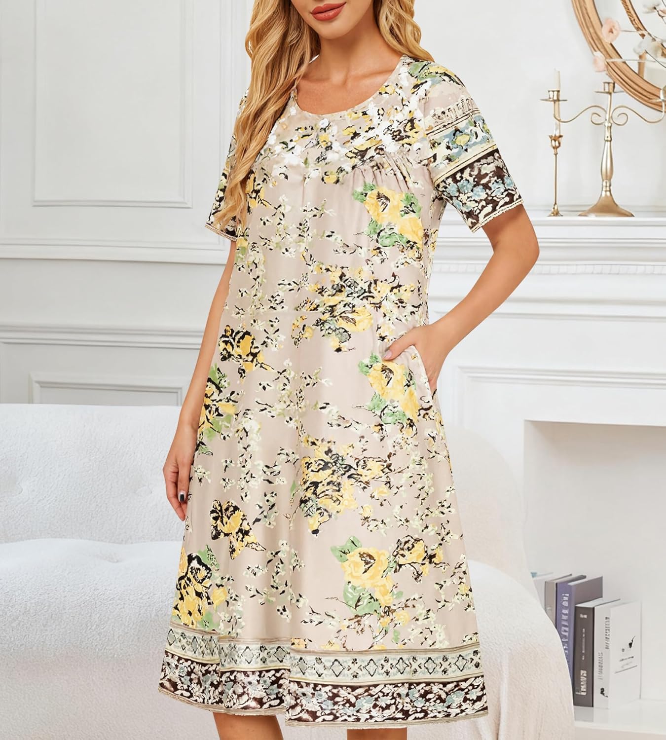 Short Sleeve House Dresses for Women Floral Print Nightgowns with Pockets Lounge Moo Moo Dress - Image 4