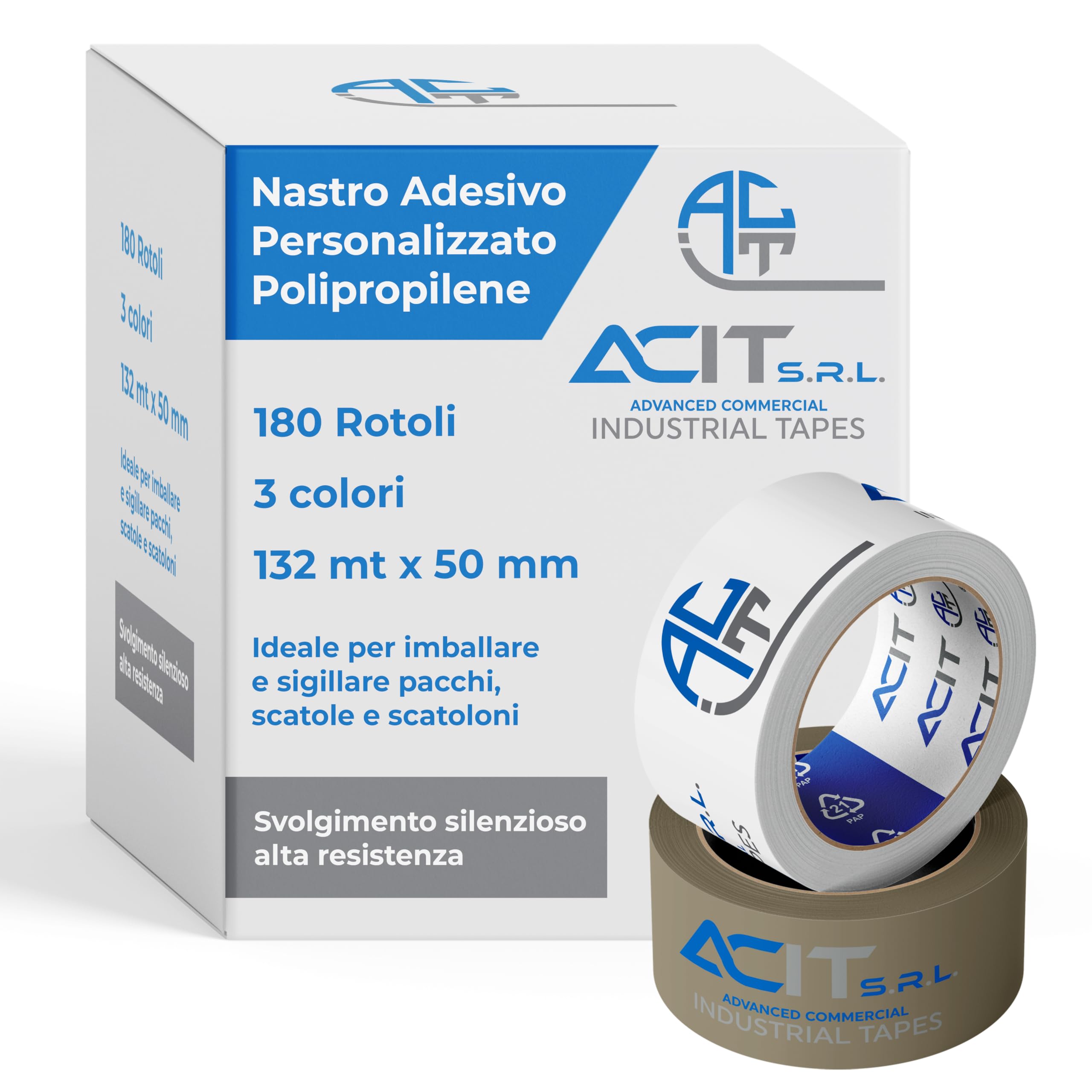 ACIT Nastro adesivo personalizzato, Nastro da imballaggio per pacchi e scatoloni per trasloco, nastro adesivo personalizzato con logo, 180 rotoli, 2 colori o 3 colori, 132mt (3 colori)