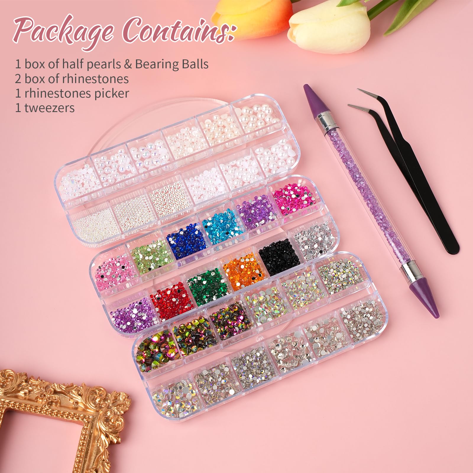 Strass Ongles Nail Art, EARLMONI 5200 Strass Cristal AB Flatback Rhinestone avec Perles, Kit Bedazzling avec Stylo à Cire Double Extrémité pour Ongles, Visage, Maquillage, Résine et Bijoux DIY