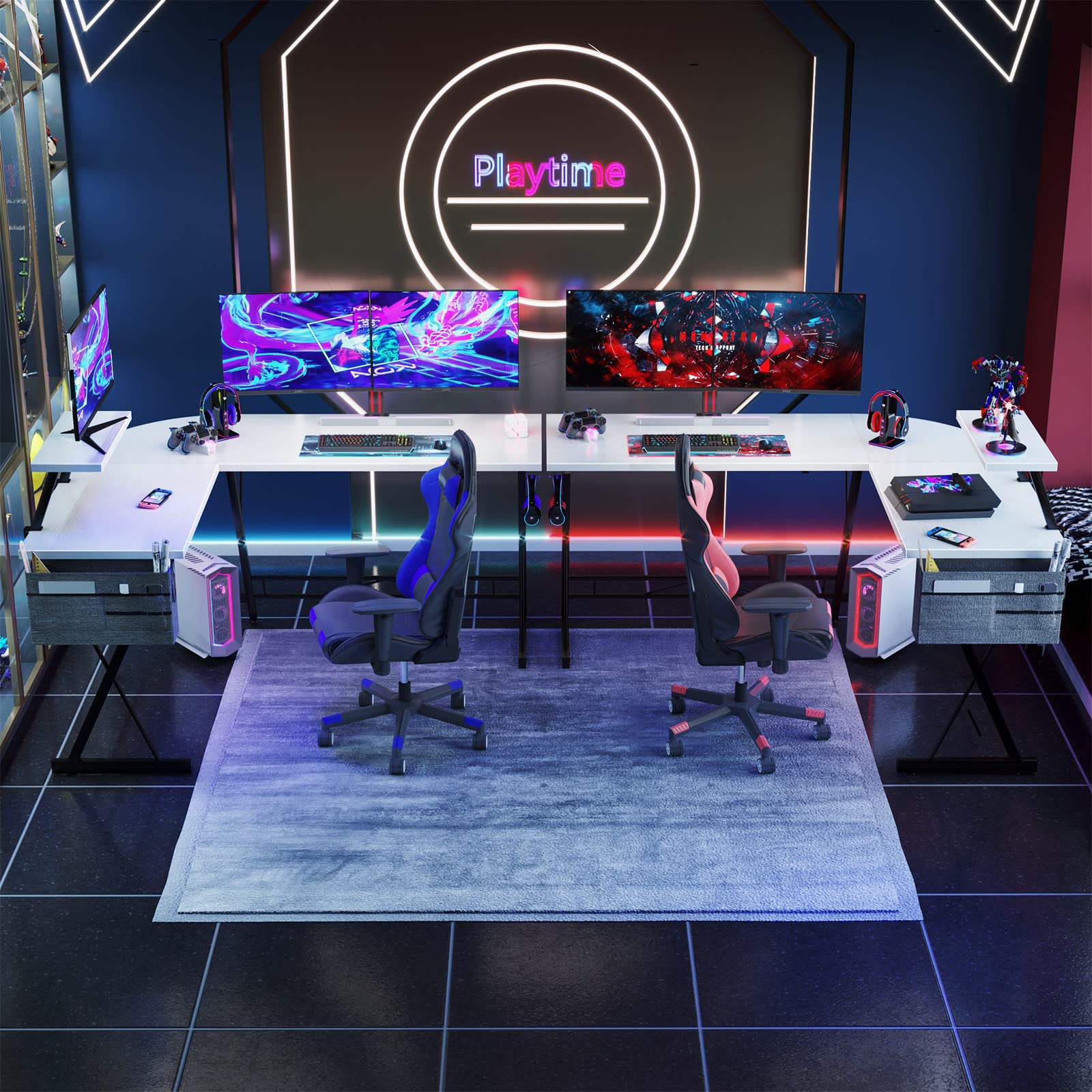 ODK Scrivania Gaming con Supporto per Monitor, Scrivania Gaming Angolare a L con Porta Cuffie per Gamer Bianco 147x120cm