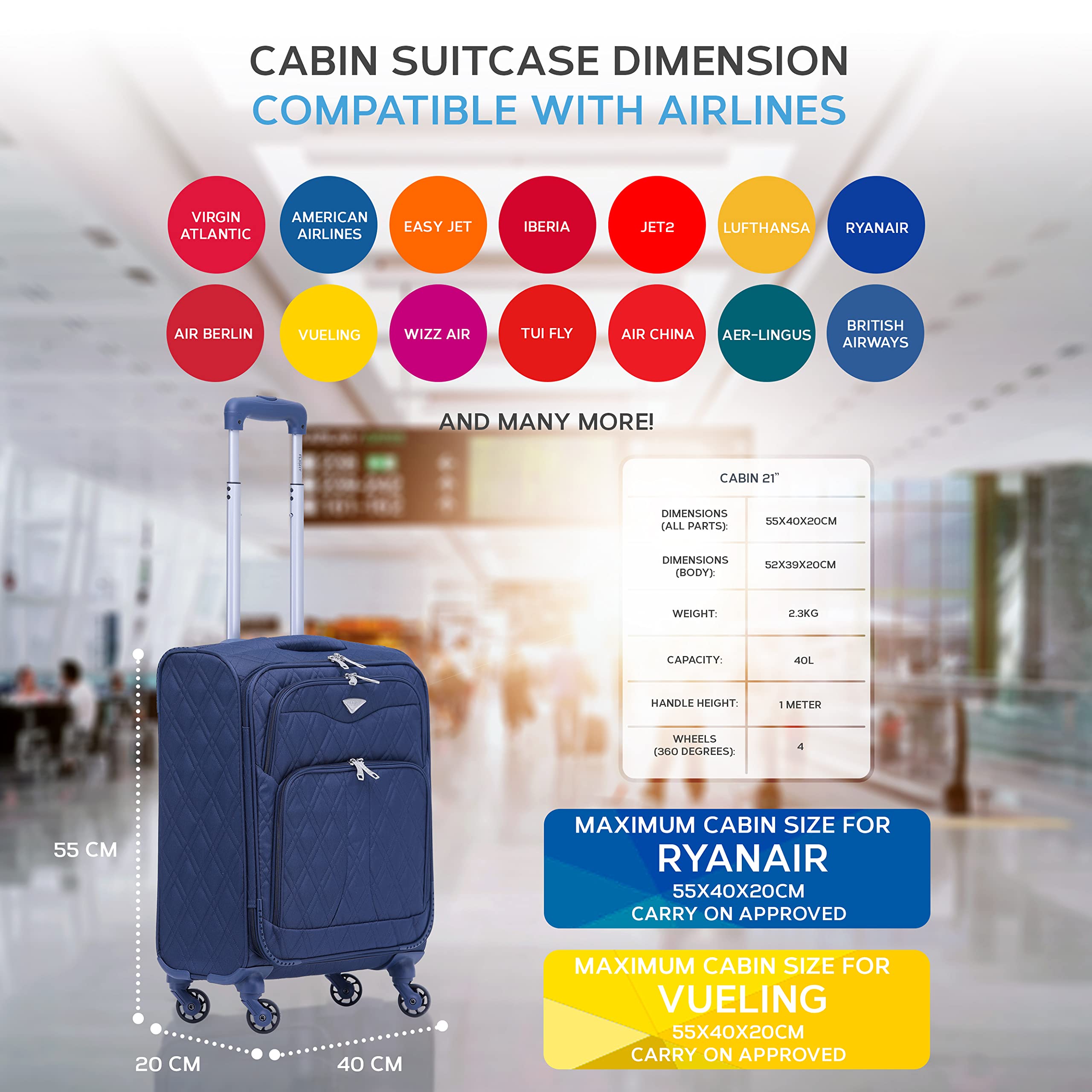 Flight Knight Set of 2 Lightweight 4 Wheel 800D Soft Case Quilted Suitcase Cabin Carry On Hand Luggage Ryanir Maximium prioirty Carry On Approved