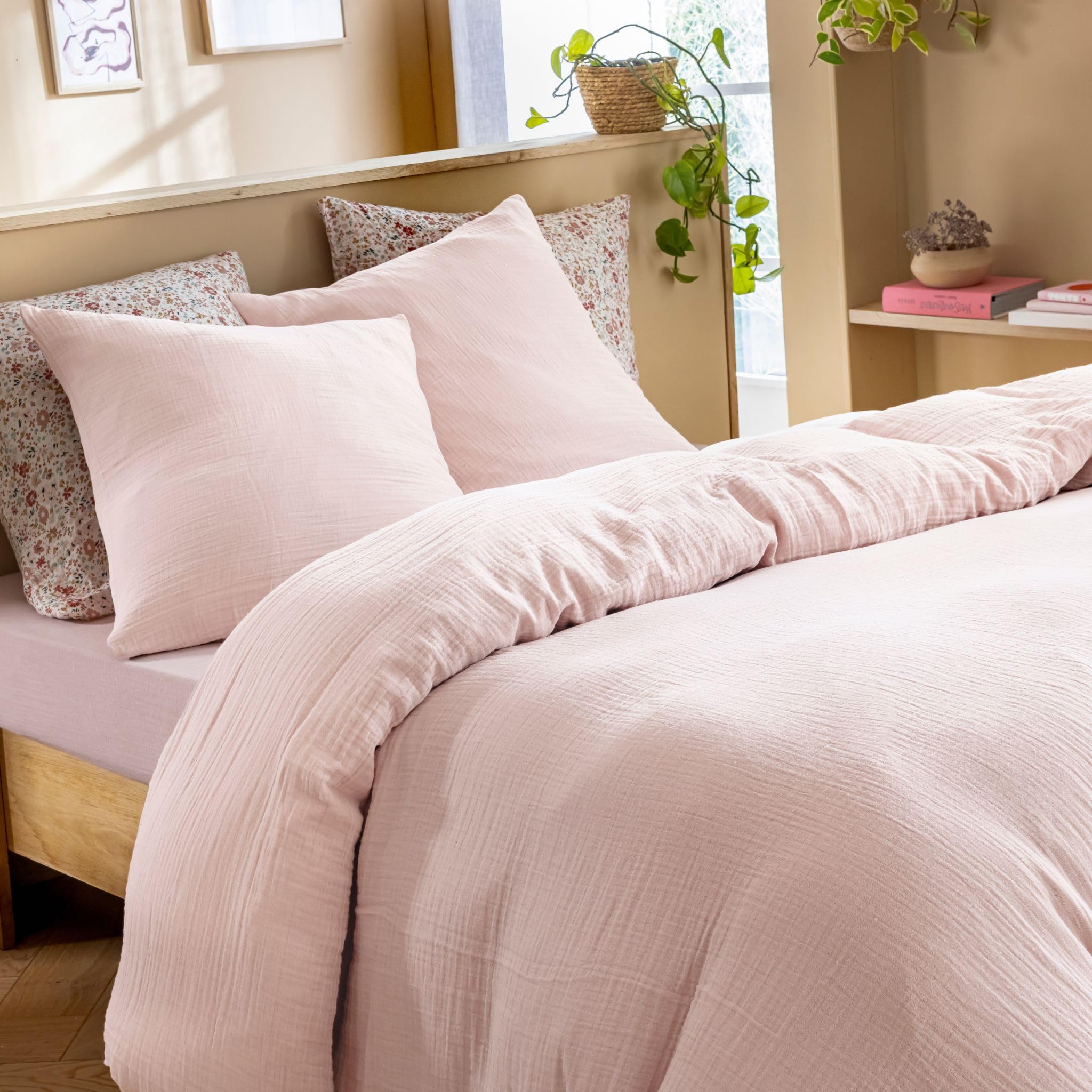 Terre de Nuit - Housse de Couette 240x220 Gaze de Coton Rose pâle Terre de Nuit June - Rose pâle - Uni - 57 Fils/cm² - Base Droite