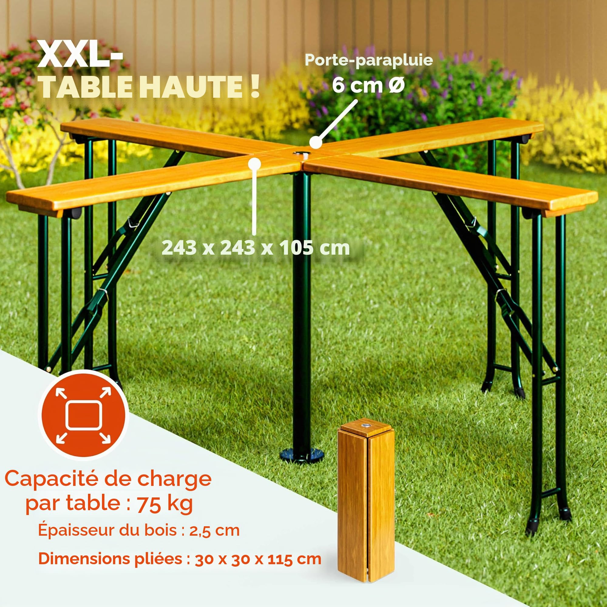 Casaria Table en Bois Quattro Table de Jardin Pliables pour 20 Personnes Max Table de réception Haute fête Mange Debout