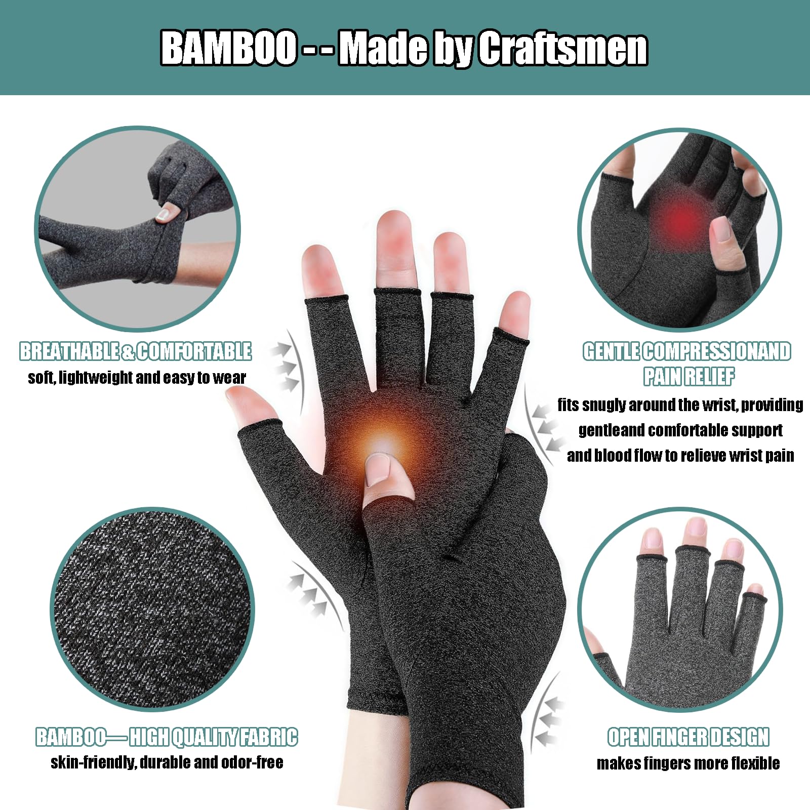 Guanti a compressione per artrite in bambù, per uomini e donne, senza dita, per tunnel carpale, polso, mano, per dolori da artrite