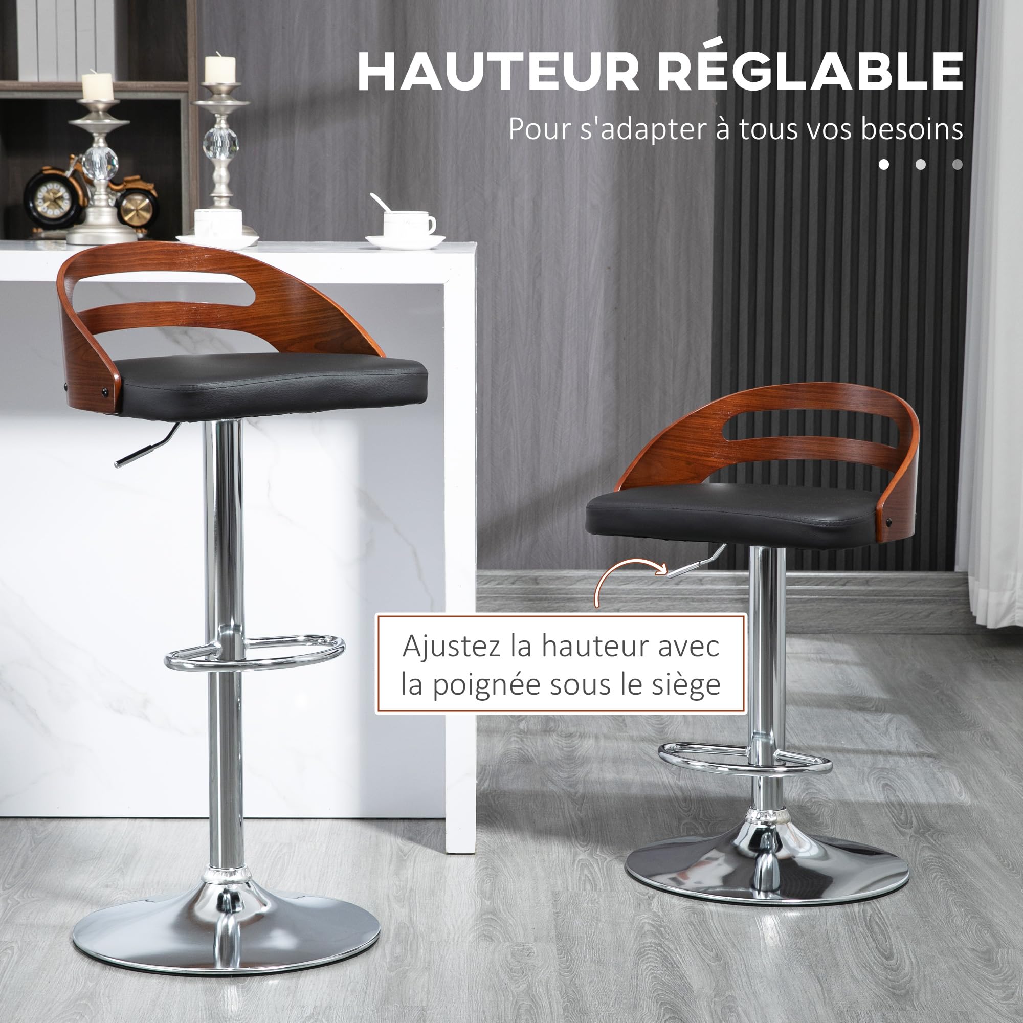 HOMCOM Lot de 2 Tabourets de Bar Design Contemporain Noir Bois