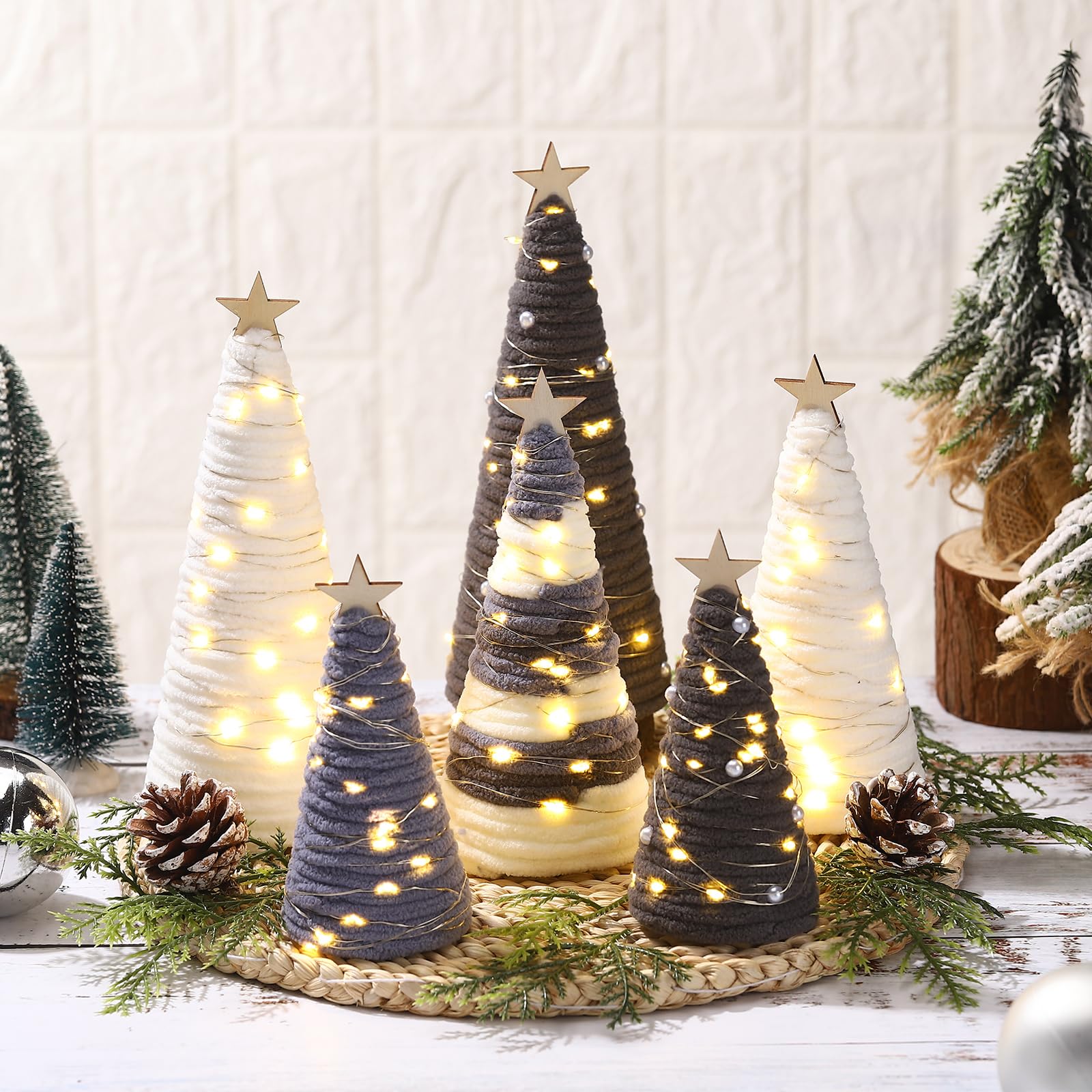 6 Pcs Boho Christmas Yarn Tree Natural Xmas Yarn Cone Pedestal Decoration Farmhouse Christmas Tree Rustic Wool Bottle Brush Table Centerpiece Decor(Grey)