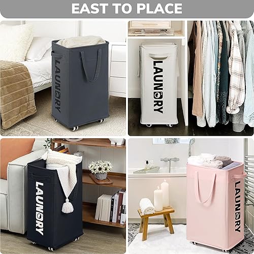 Miniatura 8 de Goodpick Cesta de lavandería con ruedas, cesta de lavandería grande plegable de 75 L, cesta de lavandería delgada con bolsa de lavado extraíble para