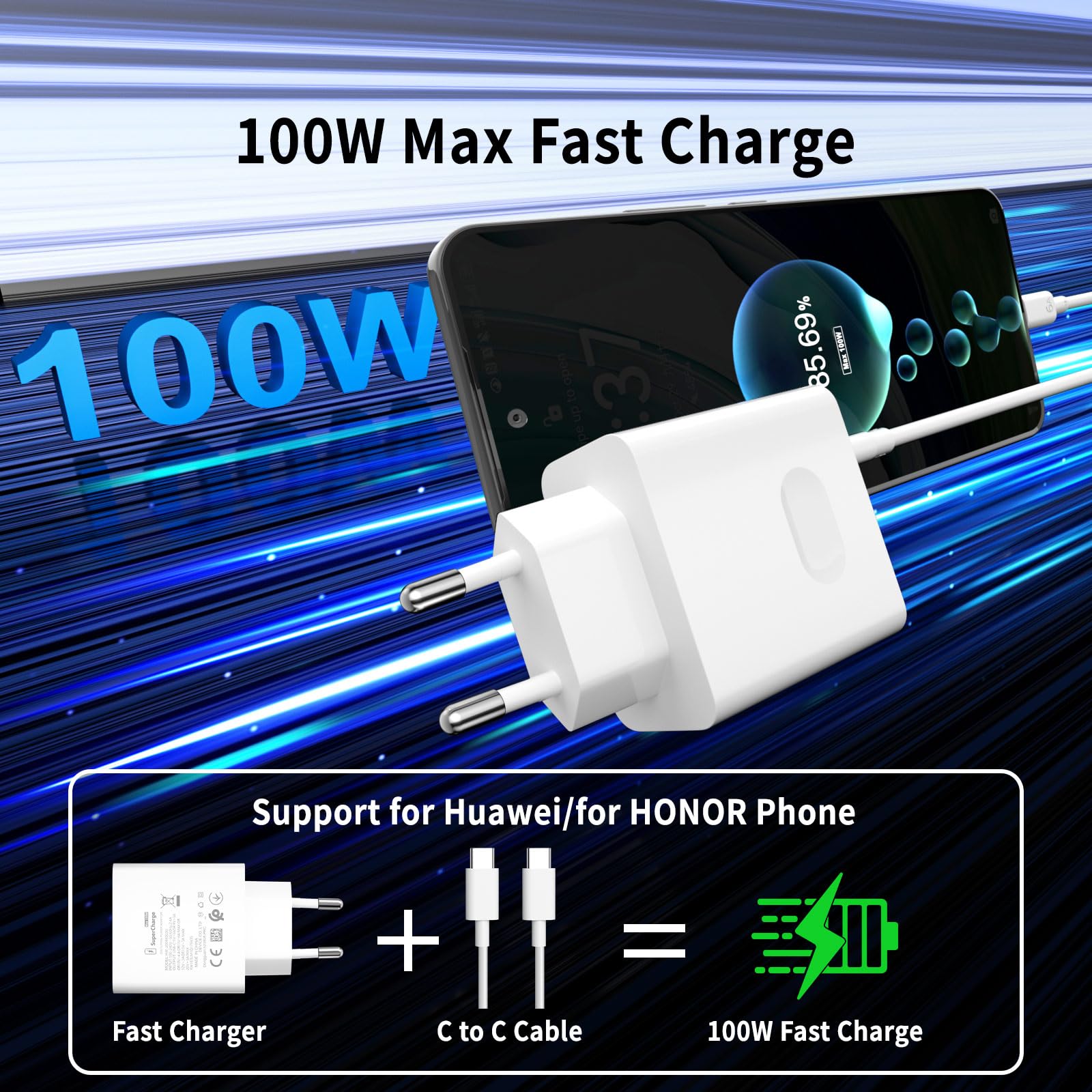 Ładowarka 100W SuperCharge do HONOR 400 200 Pro 200 Lite Magic6 Magic8 7 6 5 4 3Lite Magic7 Pro, 100 W PD Szybka ładowarka z 6A Kabel USB C 1M do HONOR X9c X8b X8b X7b X6b X9b X9a 400 70 0 70Lite