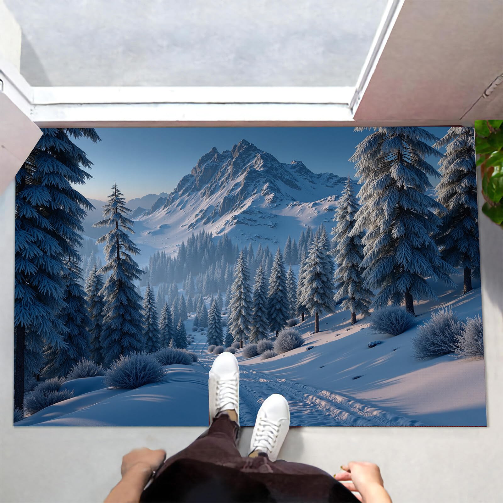 Tapete Azul Blanco Pinos En La Nieve Puerta Felpudo De Entrada Exterior Atrapar Suciedad Alfombra Paisaje Invernal para Interior Jardines Cocina Pasillo Trasera Delantera, 80X120Cm