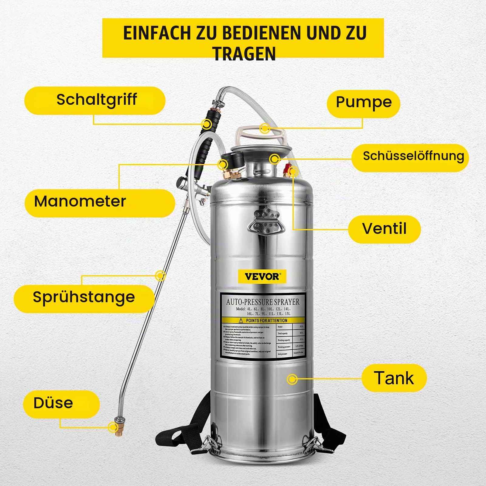 Vevor 12 l Drucksprüher, Edelstahl, Garten, Zerstäuber, für Pflanzen, für Gartenarbeit und Reinigung am Boden, geeignet für die heutigen Anforderungen in Industrie, Landwirtschaft, Handel, Medizin