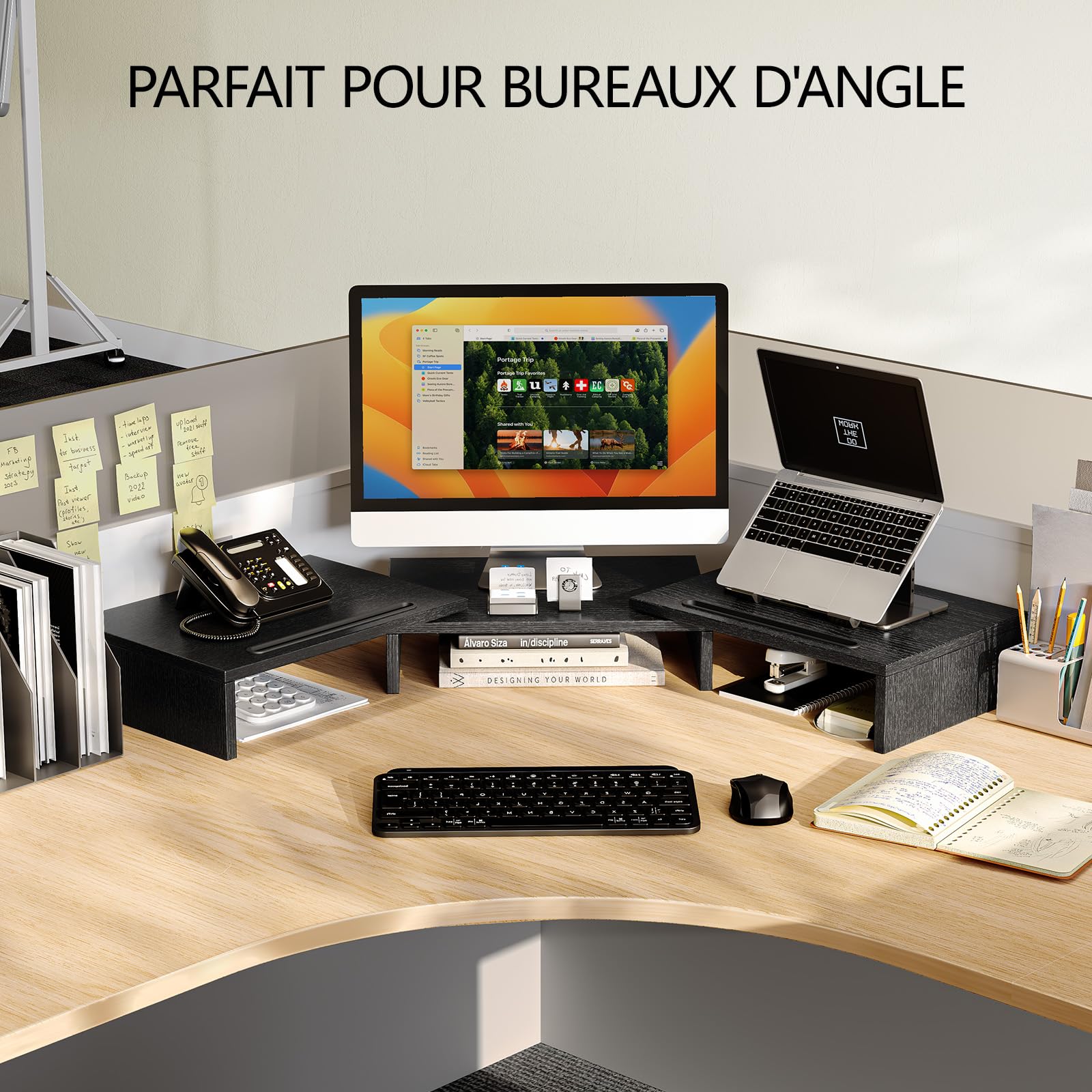 AMERIERGO Support Moniteur Double, Rehausseur Écran PC Bureau Ajustable avec 2 Fentes, Organisateur Bureau Portable