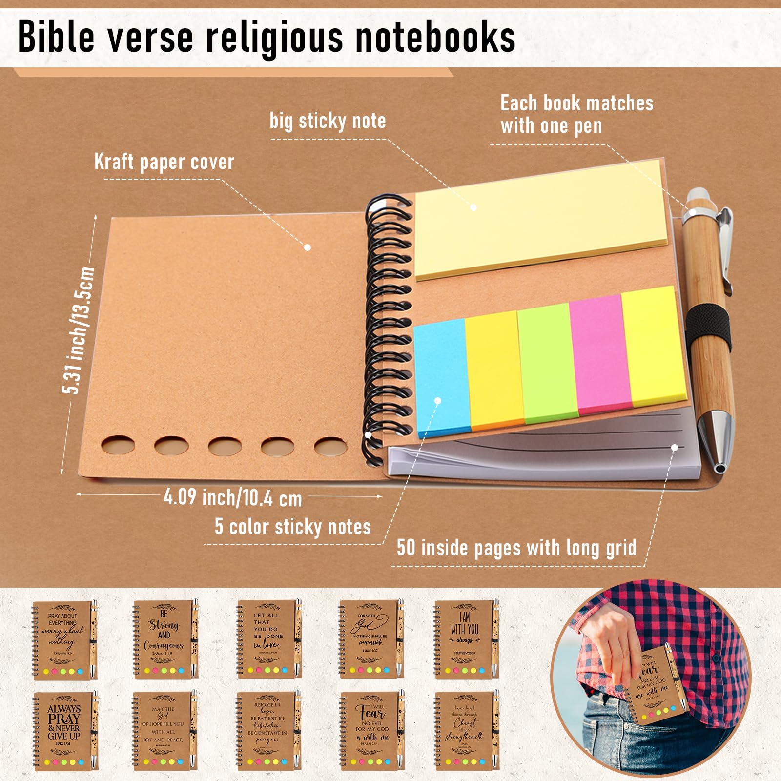Kosiz Set regalo cristiano, 60 pezzi, penne in bambù, mini quaderni religiosi a spirale con note adesive motivazionali, quaderni tascabili per apprezzare dipendenti, insegnanti e colleghi, 10 stili