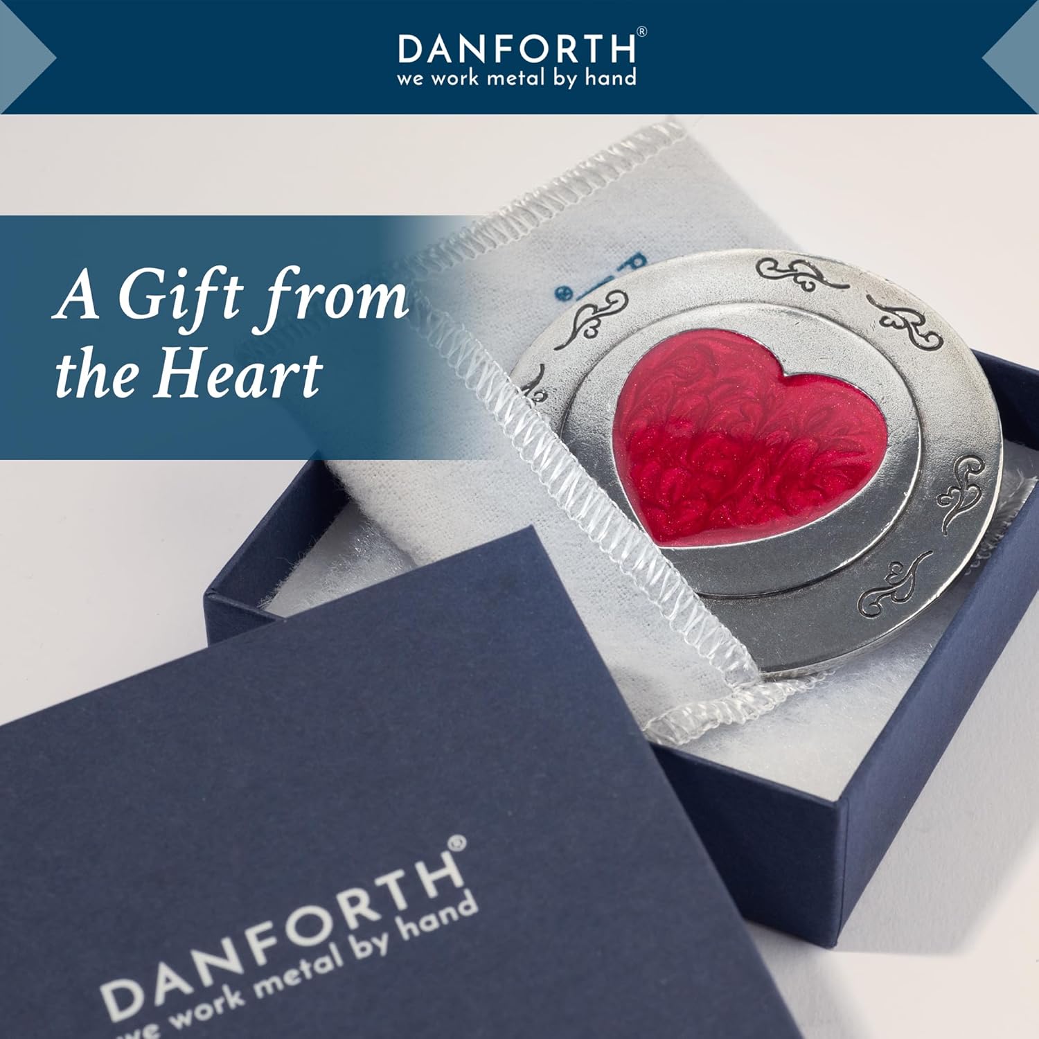 DANFORTH - Hearts Pewter Purse Mirror (Red) - 3 1/2 Inch Diameter - Gift Boxed