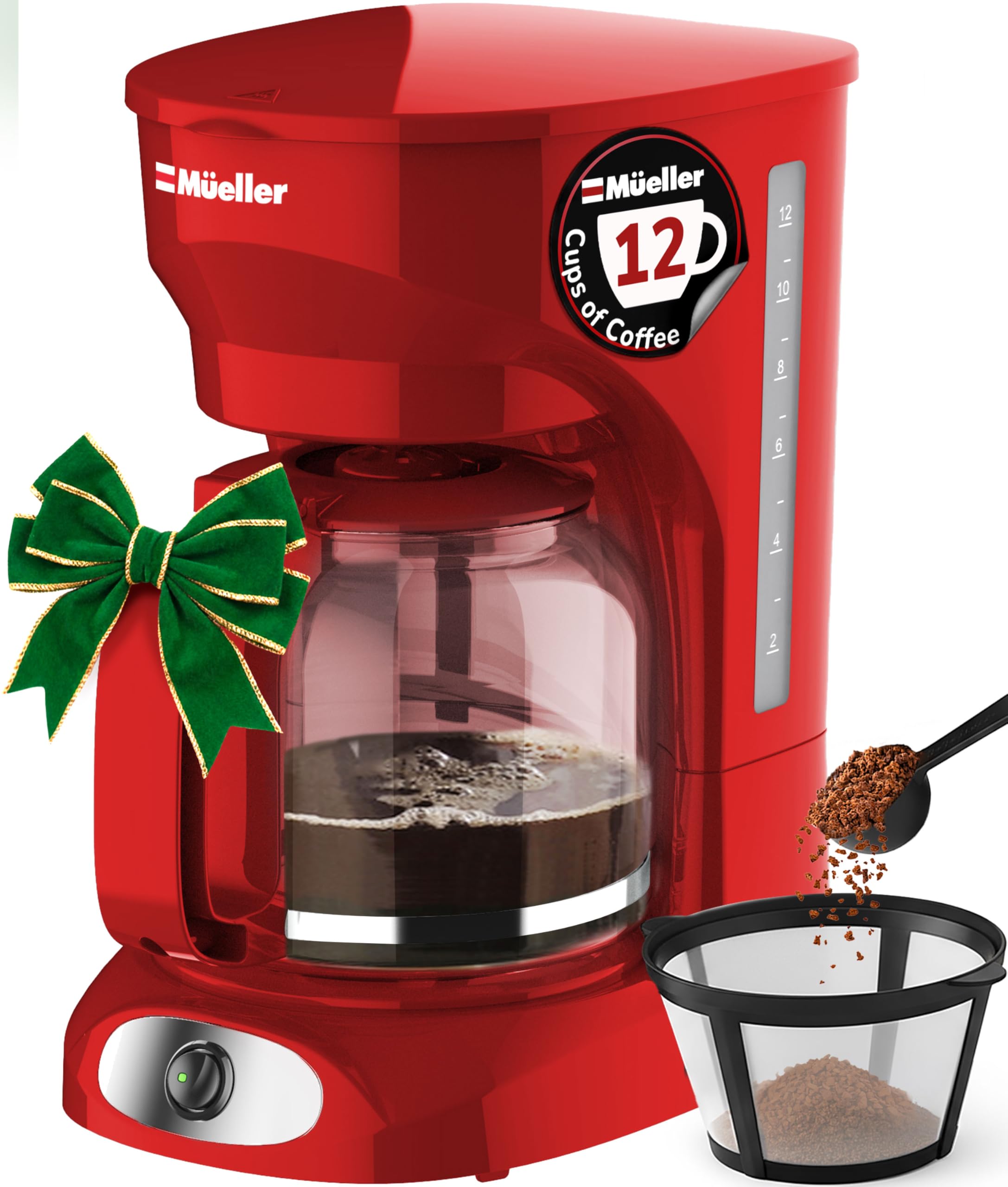MÃœELLERHOME 12-Cup Red Coffee Maker - Perfect for Home or Office, Borosilicate Carafe, Auto-Off, Reusable Filter, Anti-Drip, Keep-Warm Function, Clear Water Level Window, Red Kitchen Accessories