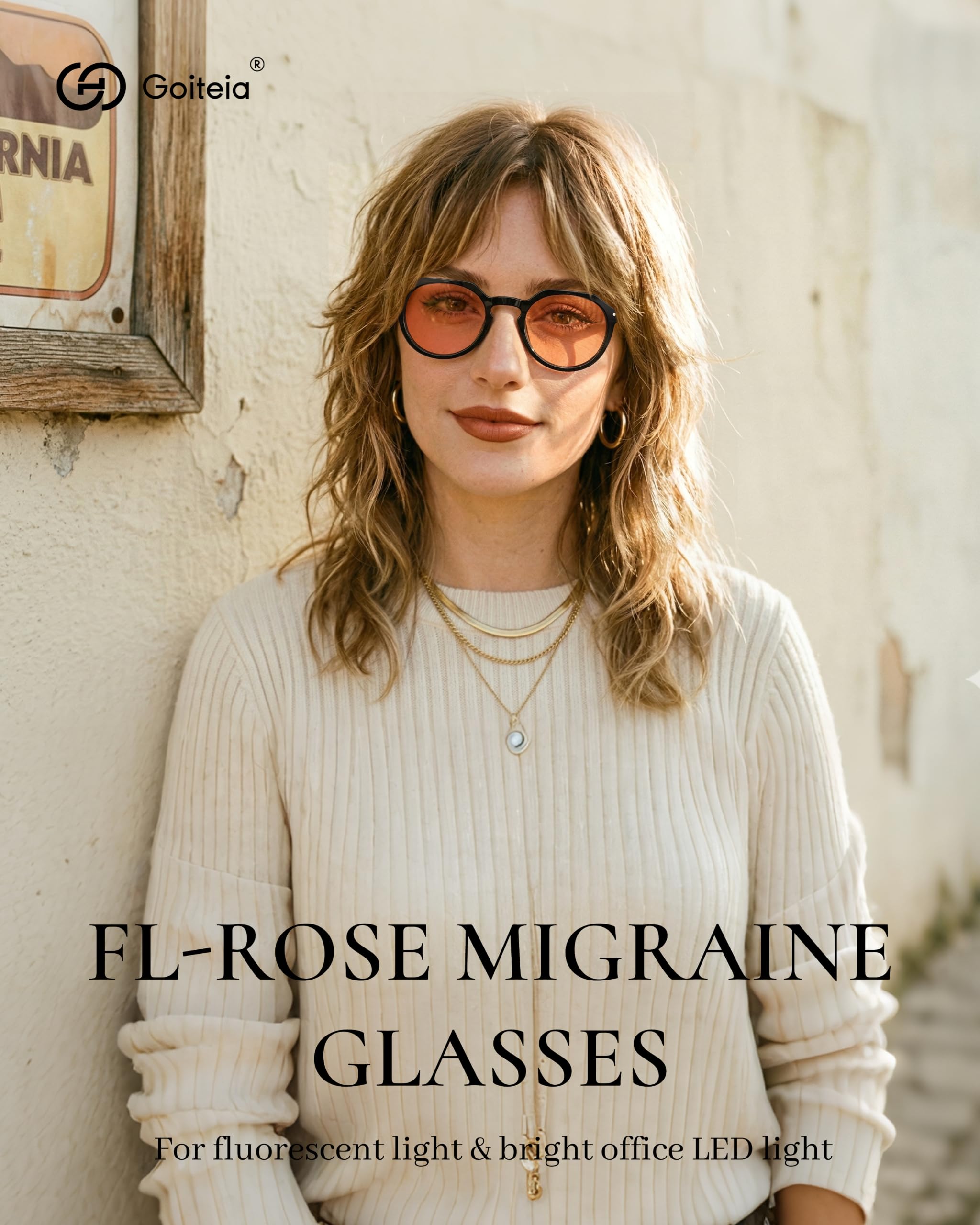 Goiteia FL-Rose Lunettes de migraine, lunettes de sensibilité à la lumière pour lumière fluorescente et lumière LED de bureau, monture en acétate faite à la main avec un look élégant au quotidien