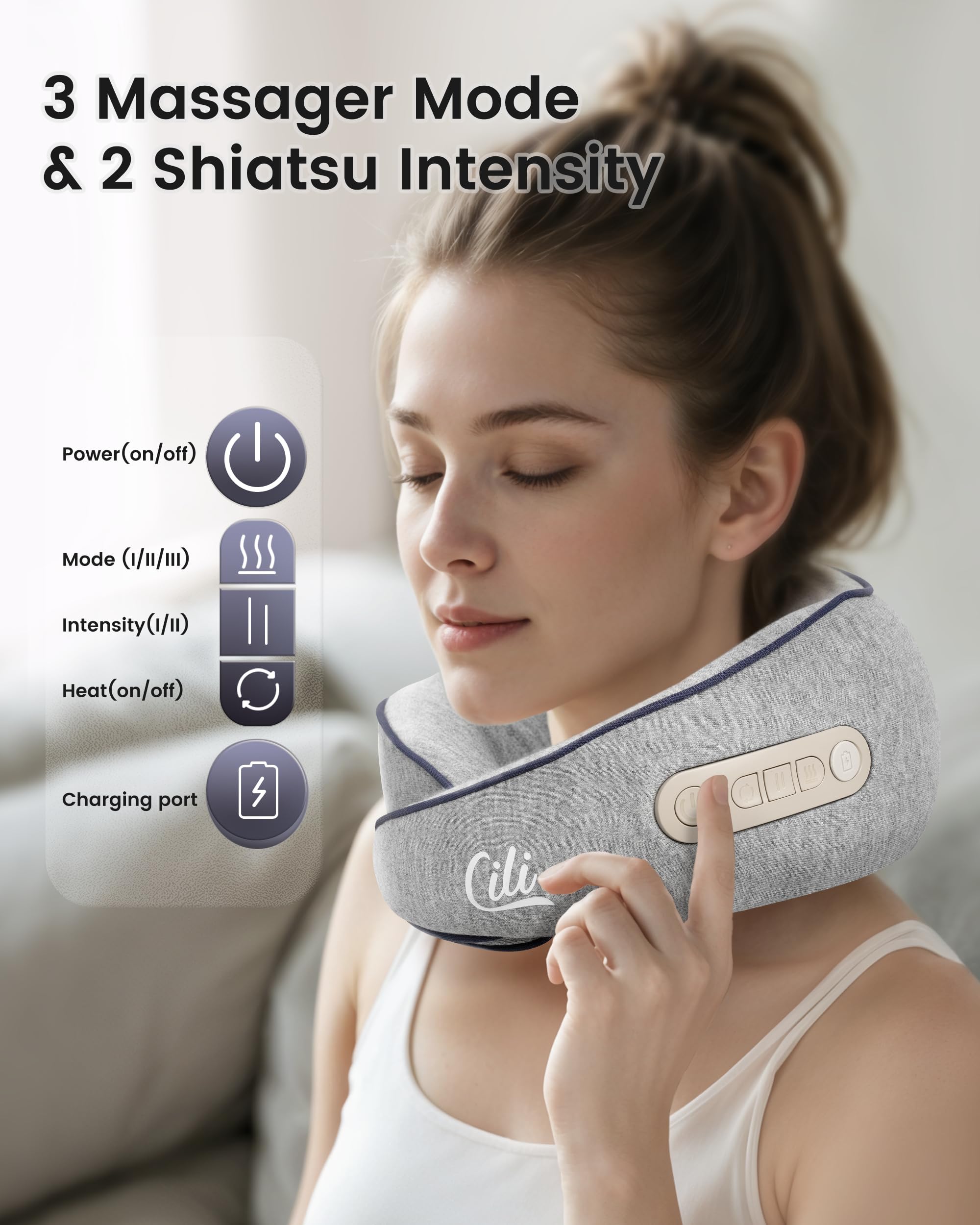 Condition photo showing New/Like New for cili cordless neck massager pillow with heat, shiatsu neck massager for pain relief deep tissue,heated massage pillow for travel,3 adjustable intensity, gifts for women men