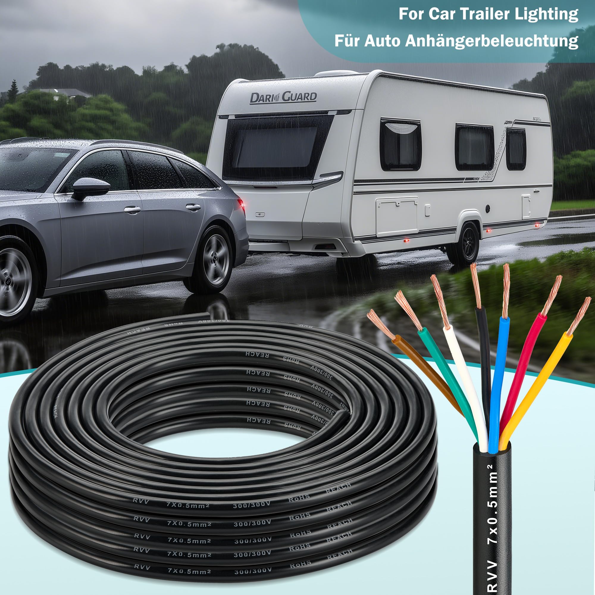 Cable de Pilotos Remolque 7 Polos 0,5mm², 10M Cable Electrónico de Remolque 12V/24V, Flexible Alambre de Cobre para Caravana Camping y Vehículo Luces LED, Aprobación RoHs Reach