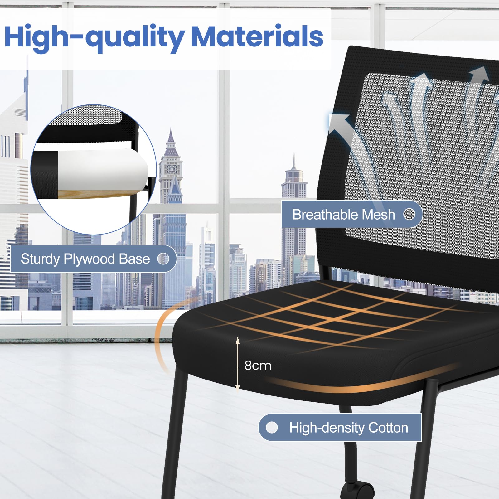 HOMASIS Set di 2 Sedie da Conferenza con Ruote, Sedia per Sala d’Attesa Impilabile, Sedia da Ufficio Ergonomica con Schienale in Rete per Ufficio, Riunioni, Nero (senza Braccioli)