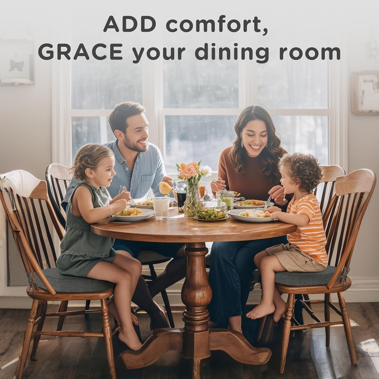 AddGrace Chair Cushions for Dining Chairs Set of 2 Windsor Kitchen Seat Cushions with Removable Textured Cover and Non Slip Bottom Indoor Seat Pads with Ties and Foam (16.5x15.5 Inches Darkgrey)