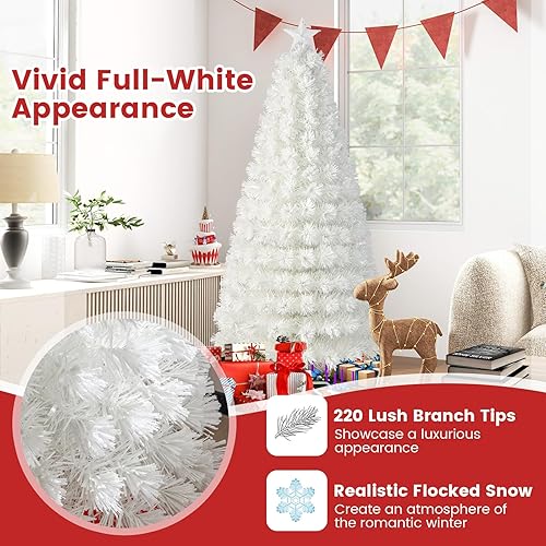 Miniatura 3 de Goplus Árbol de Navidad de fibra óptica preiluminado de 6 pies, árbol de Navidad artificial flocado de nieve blanca con 220 puntas de rama, 220