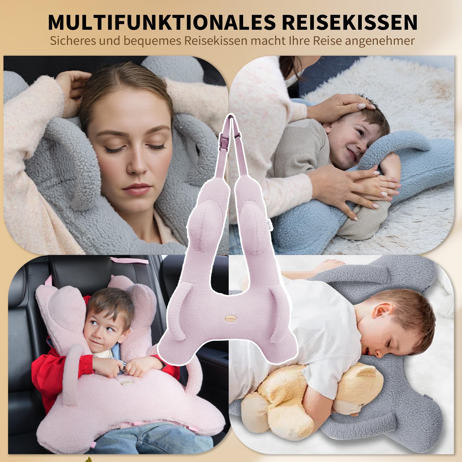 FLORICH Cuscino Auto Bambini a Forma di H, Cuscini Viaggio Bambini, Lavabile e Traspirante con Cuscino per il Collo e Coperta per Bambini e Adulti per le Vacanze in Auto (Rosa01)