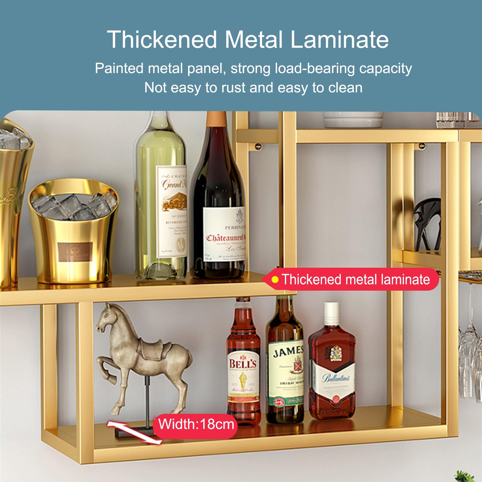 Botellero de Metal para Montar en la Pared con Soporte para Copas de Vino, minibar, Vitrina para licores, Estante para Botellas de Vino y Whisky, hogar, Bar, Cocina, cafeter