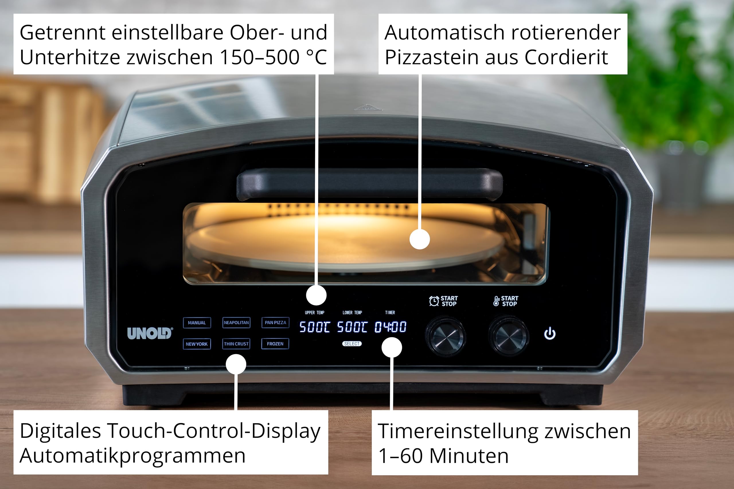 Unold 68916 Pizzaofen Enzo elektrisch rotierender Pizzastein 33cm ca. 500 °C 6 Programme für innen und außen inklusive Zubehör