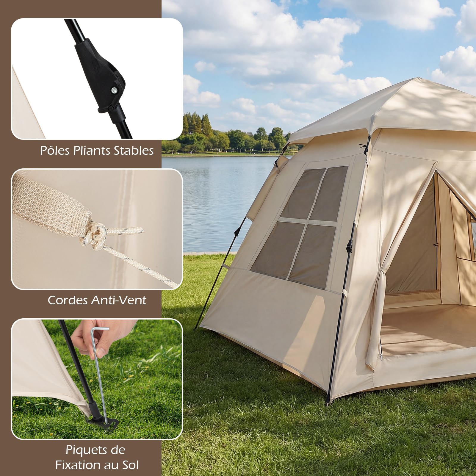 COSTWAY Tente de Camping Pop up 4 Personnes, Tente Extérieure Portable avec Bâche Anti-Pluie 4 Fenêtres en Maille 2 Portes Sac de Transport, pour Randonnée Pique-Nique, 230 x 230 x 152 cm