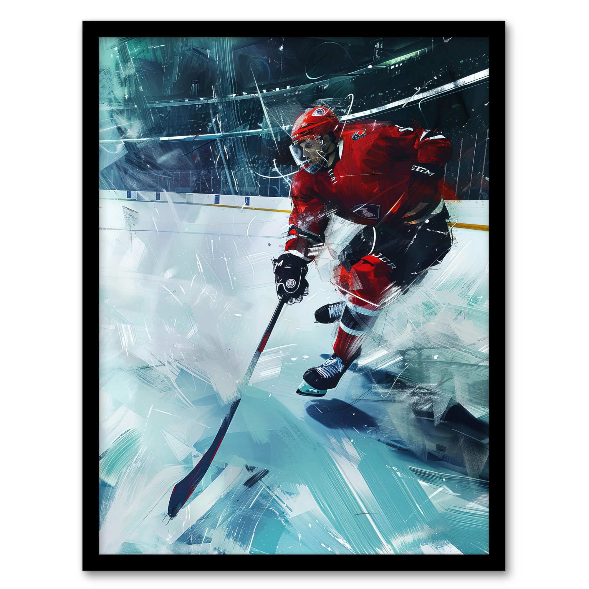 Artery8 Ice Hockey Player in Game Oil Painting Stadium Man Cave Fathers Day Artwork Framed Wall Art Print A4