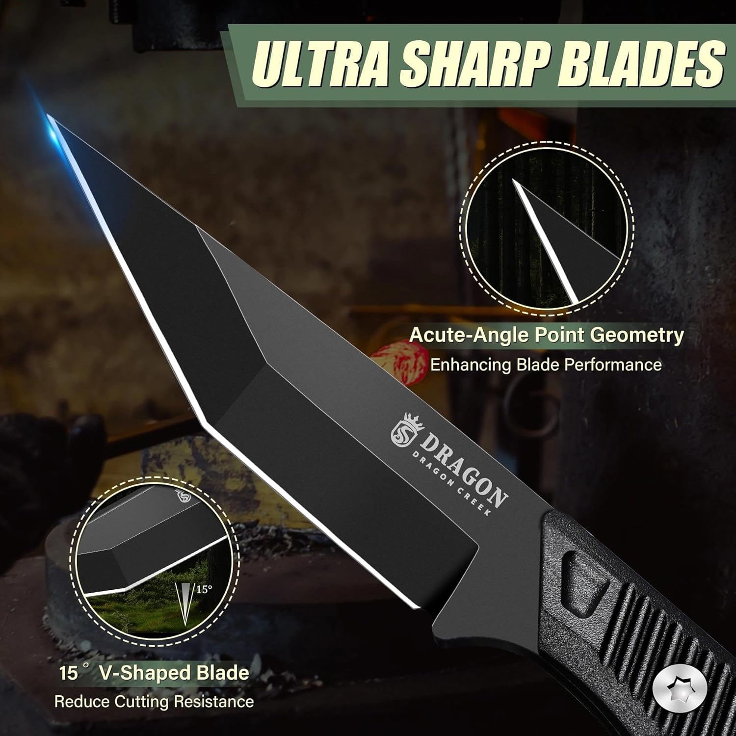 Dragon Creek Outdoor Neck Knife – Small Full Tang Fixed Blade Knife with Sheath and Chain Black Christmas Thanksgiving Gift