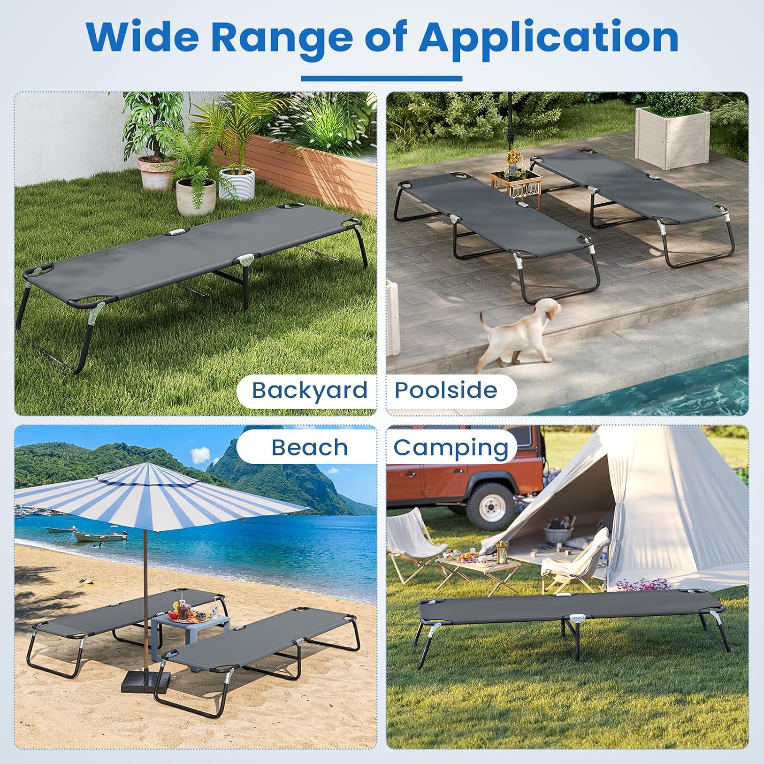 Woman relaxing on the camping cot by a swimming pool, highlighting the breathable Oxford fabric