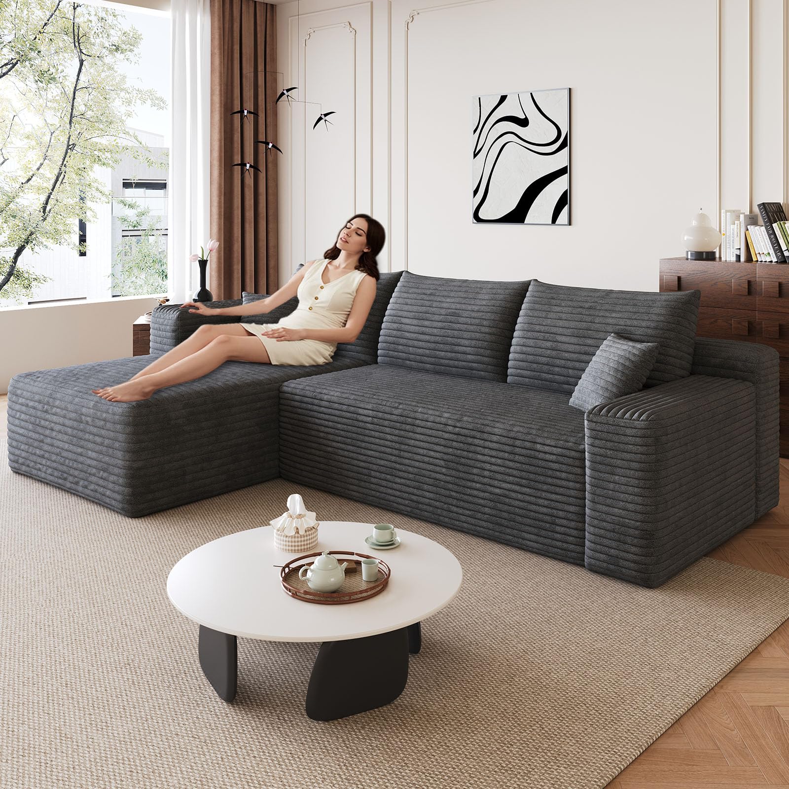 95" Modular Sectional Sofa, Modern Corduroy Cloud Couch with Side Pockets, Boneless Couch Upholstered 3-Seater L-Shaped Sofa for Living Room, No Assembly Required (Dark Gray,Left-Facing Chaise)
