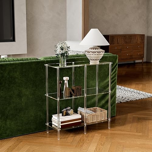 Miniatura 6 de CRTERICX Mesa consola acrílica, mesa de entrada pequeña de 29.5 pulgadas con estantes abiertos, mesa de entrada transparente para sofá, vestíbulo,