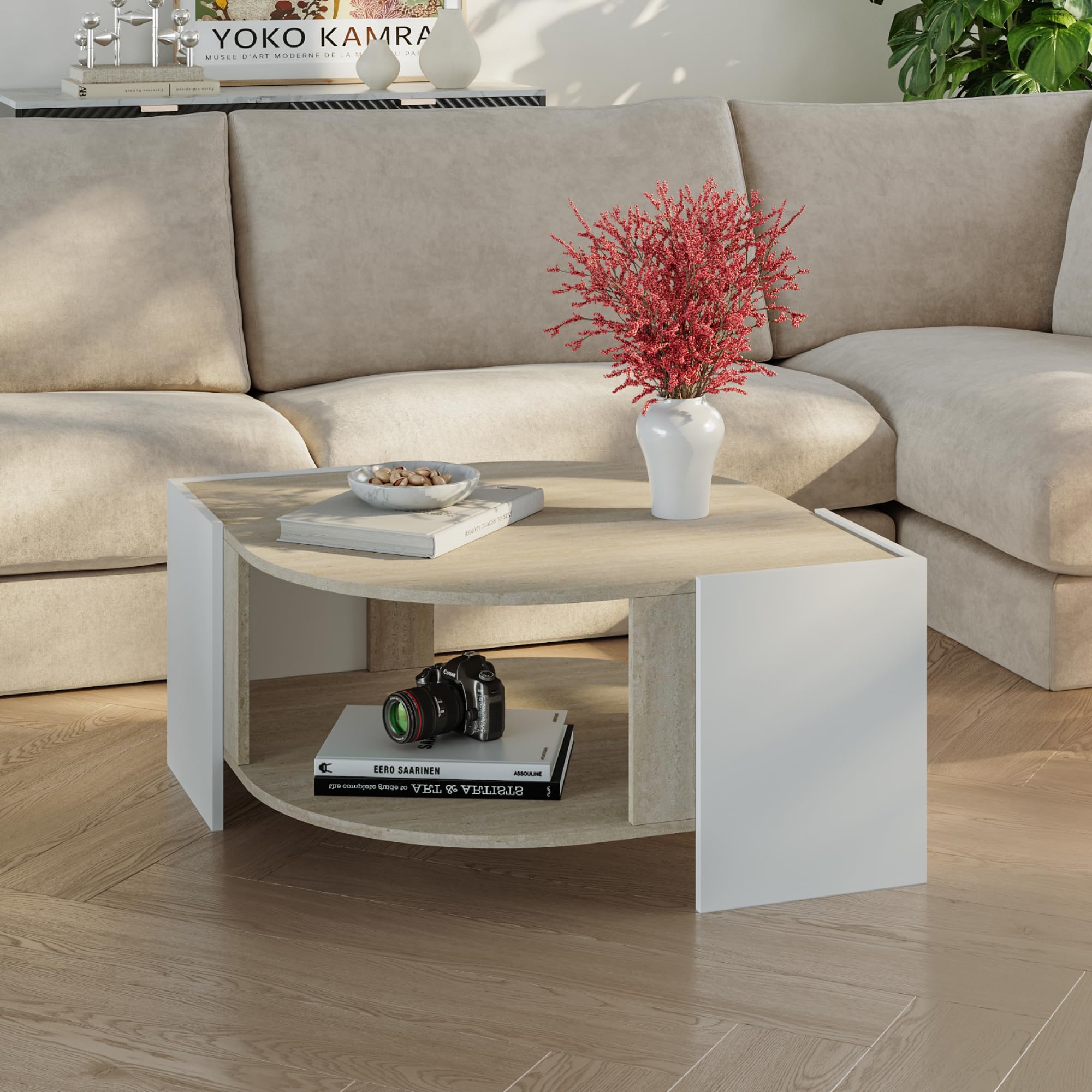 [en.casa] Tavolino Centrale da Salotto con Piano Curvo Tavolo Basso da Caffè con Ripiano Vano Aperto per Soggiorno Living Studio 75 x 75 x 40 cm - Bianco/Color Avorio Travertino