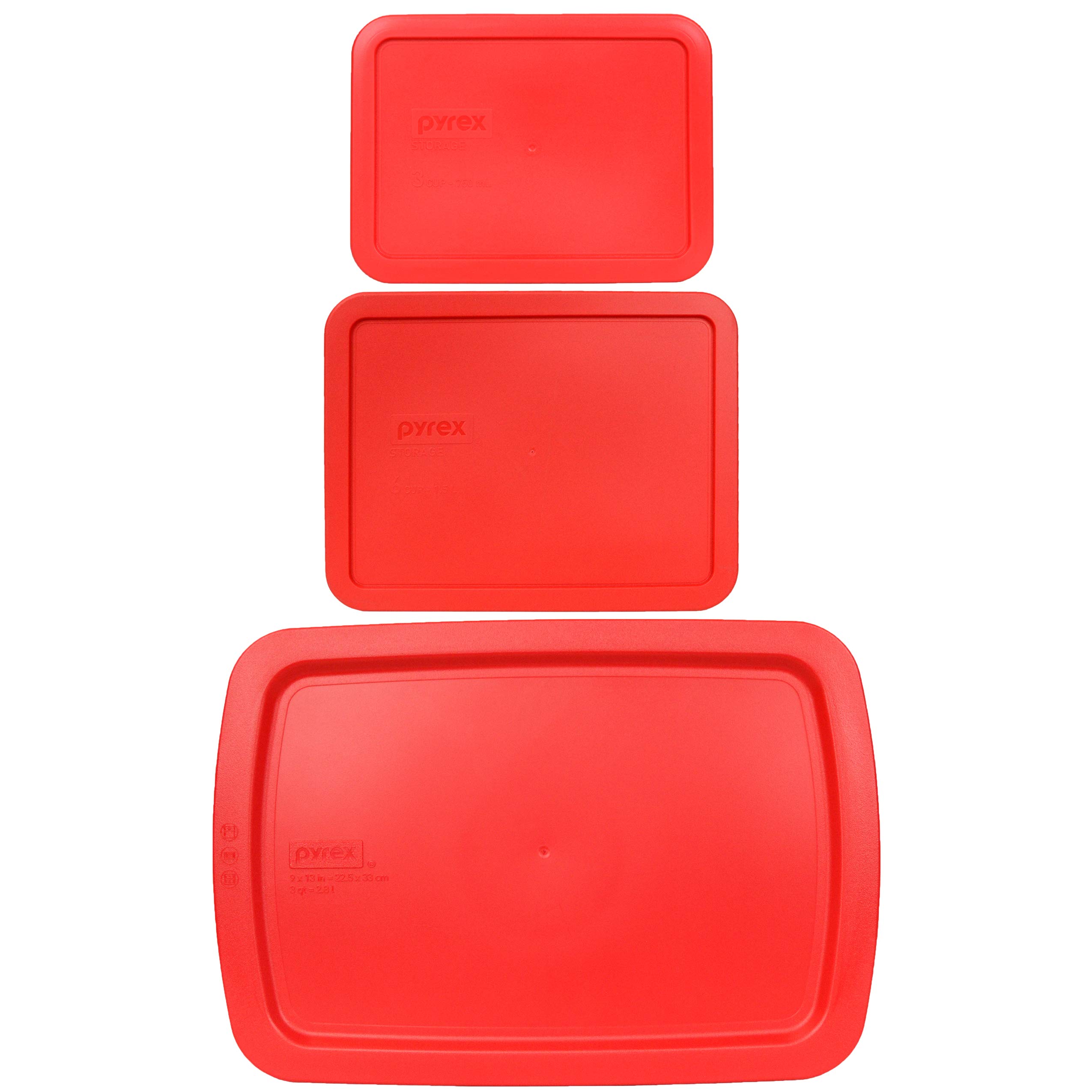 Pyrex(1) 7210-PC 3 Cup, (1) 7211-PC 6 Cup, and (1) C-233-PC Easy Grab Lid Red Plastic Replacement Lids, Made in USA