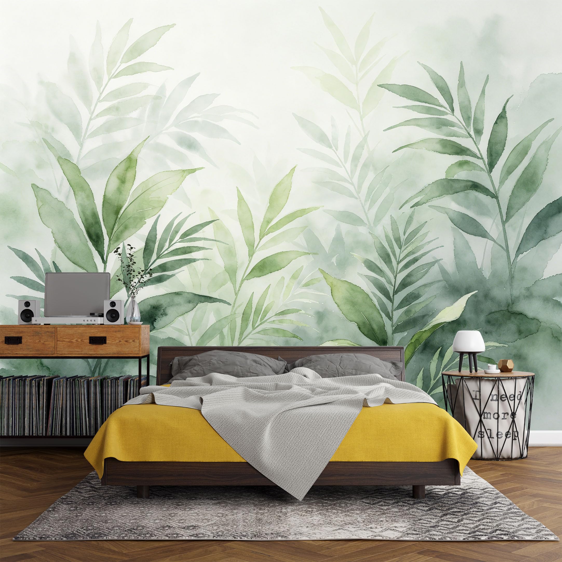 Custom Size Wall Mural， Botanical Watercolor Green Leaves Tropical Jungle Foliage Abstract Nature Design，SelfAdhesive Art Prints wall Fabric (No PVC) Removable Wallpaper Living Room Decor
