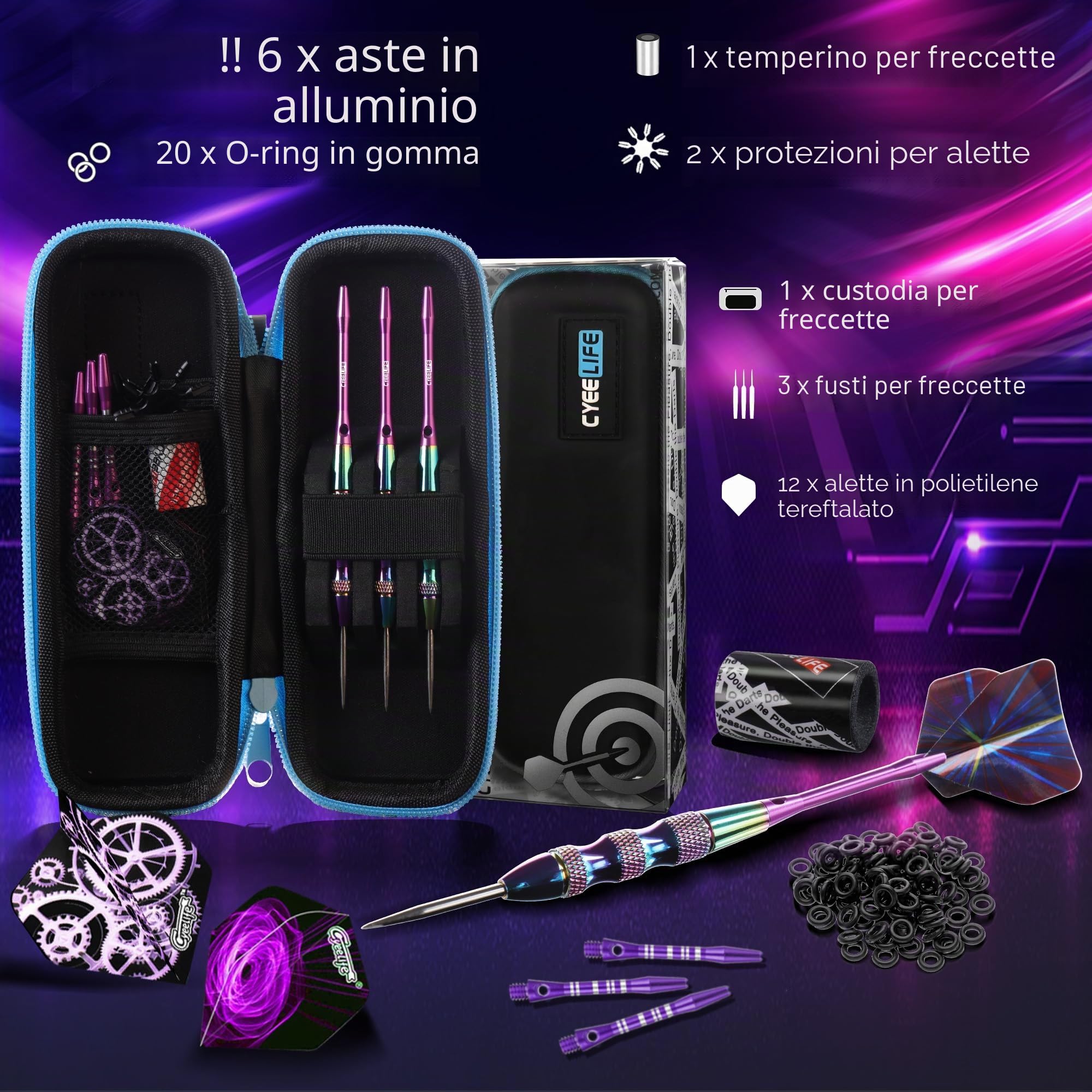 CyeeLife Freccette con punta in metallo 22 grammi, set di 3 freccette professionali in acciaio, 6 fusti in alluminio, 12 alette, 20 anelli in gomma anti-perdita, 1 affilatore, 1 custodia per freccette