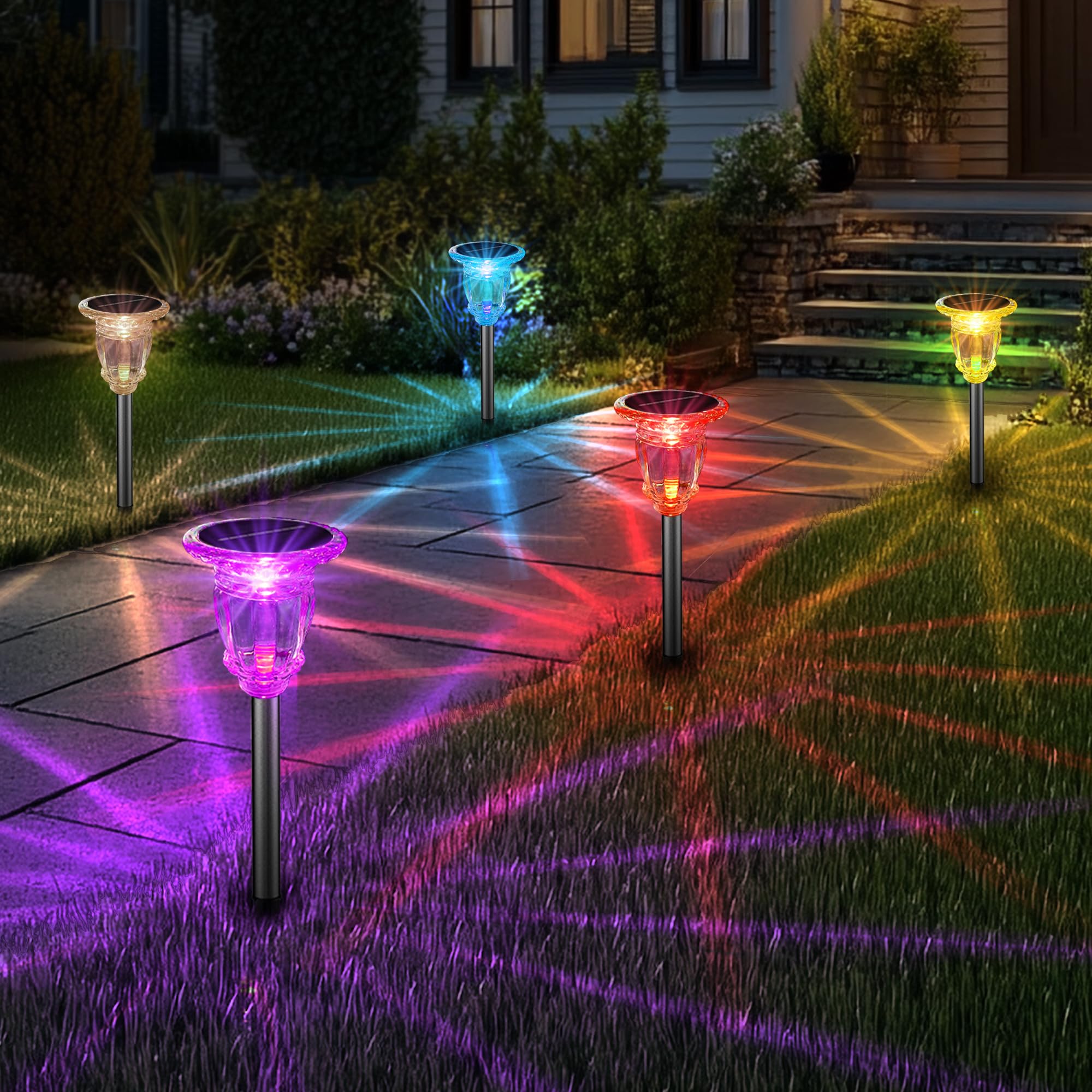 Solar Pathway Lights Outdoor 4 Pack, 10 Lighting Modes White Solar Garden lights, 17.5" Waterproof & Solar Powered outdoor lights, Glass and Stainless