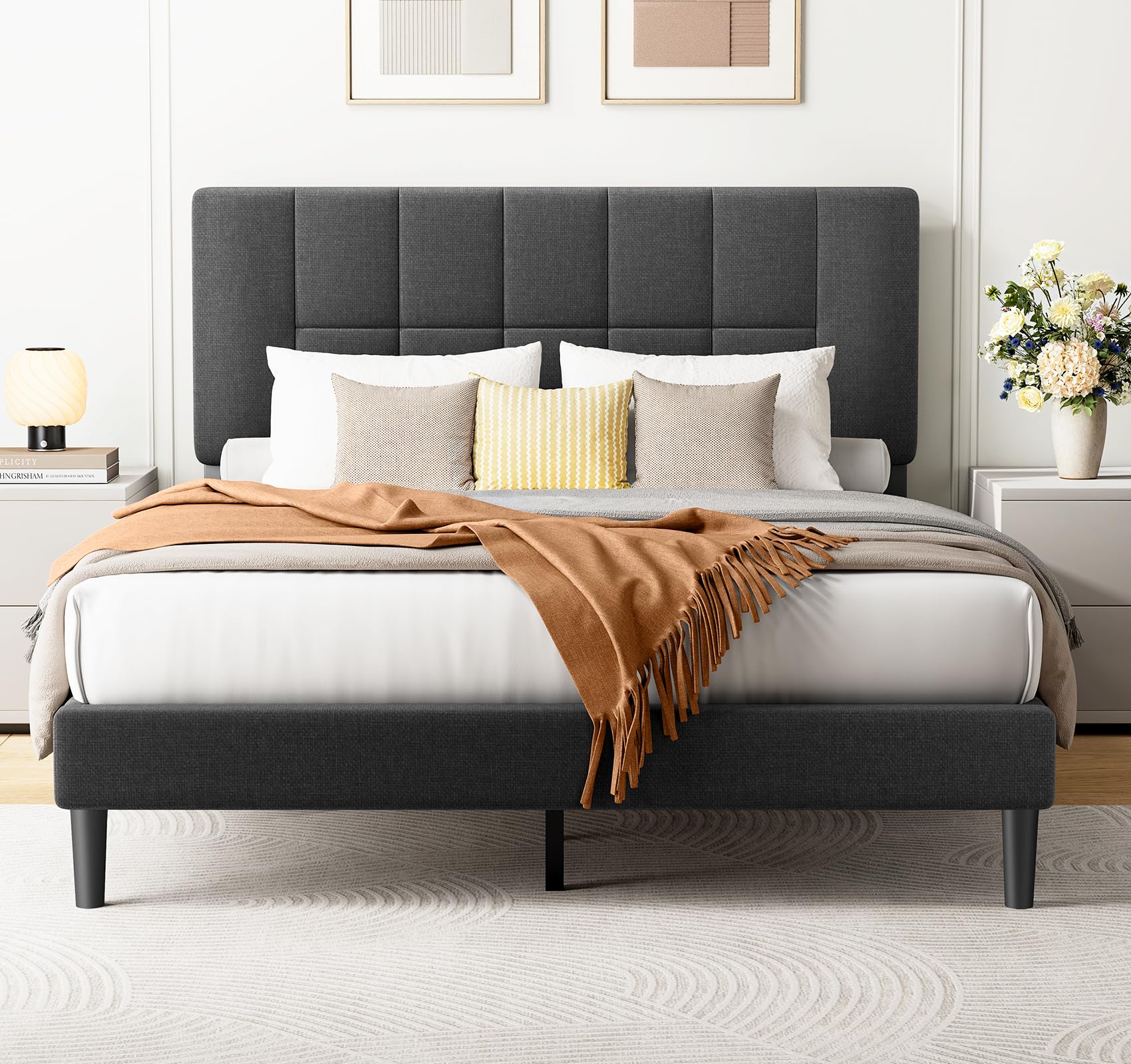 Amada Full Platform Bed Frame with 12 Thickened Legs & Adjustable Fabric Upholstered Headboard, Solid Wooden Support 1300 Lbs Weight Capacity, No Box